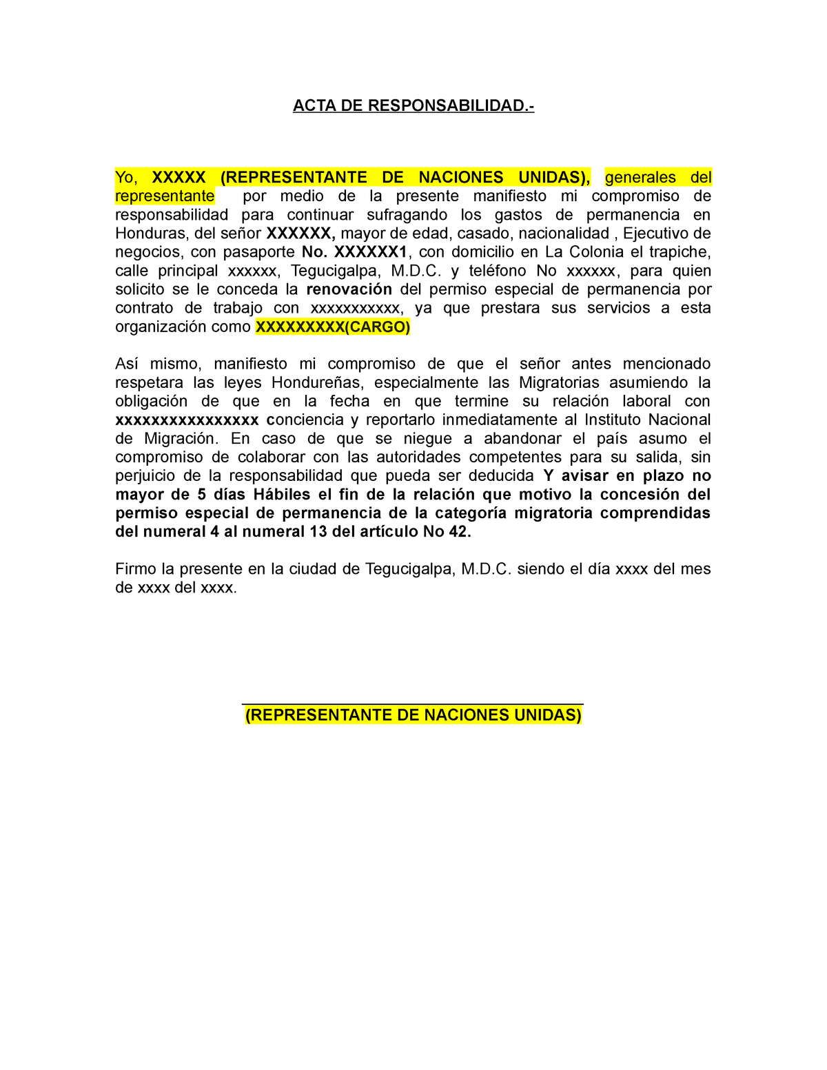 Formato De Acta De Responsabilidad Derecho Constitucional Unitec