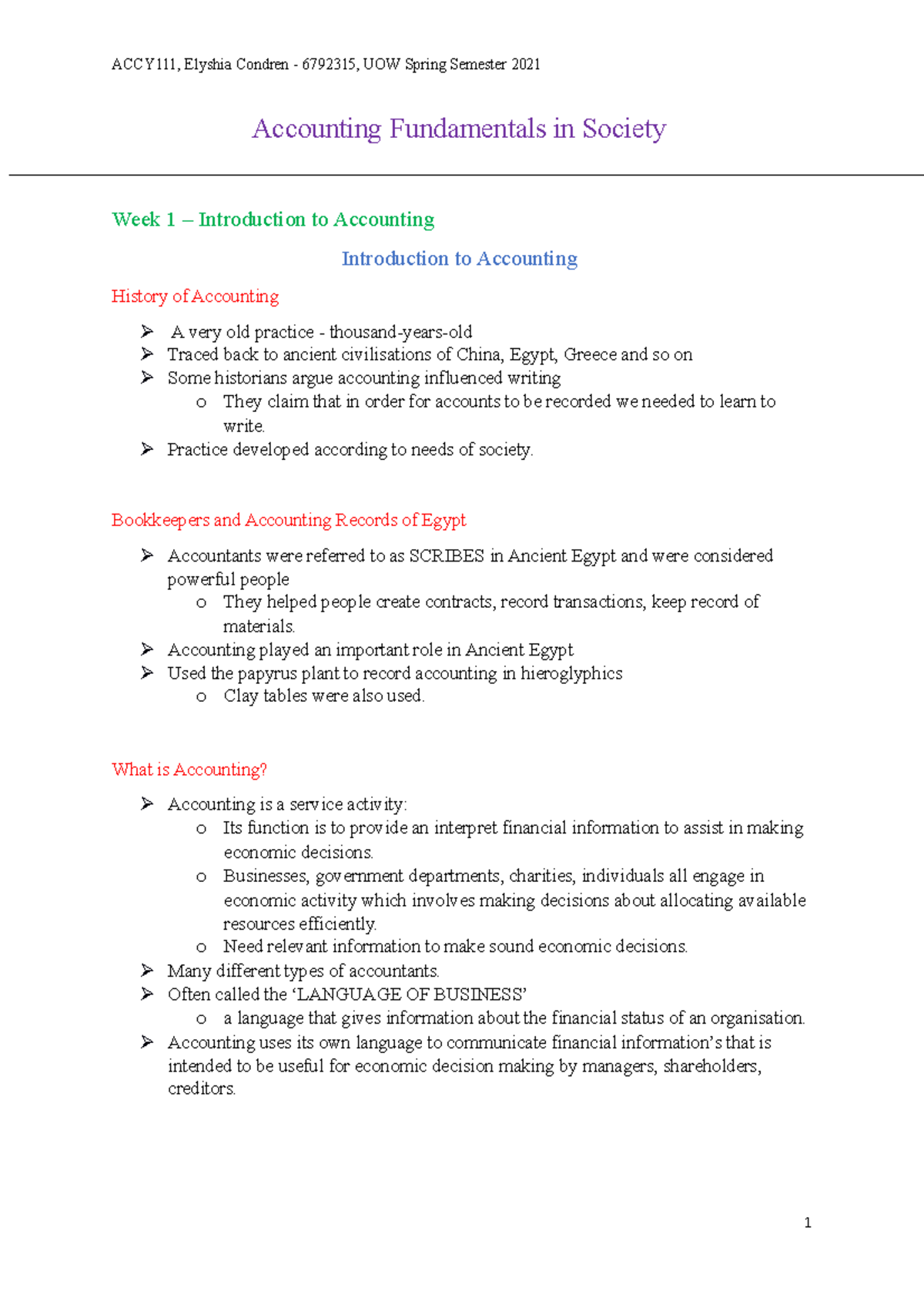 ACCY Notes - Accounting Fundamentals In Society Week 1 – Introduction ...