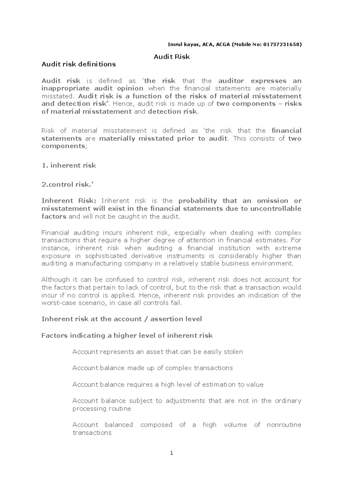 ACCA AAA S20 Notes Audit risk Evidence - Imrul kayas, ACA, ACGA (Mobile ...