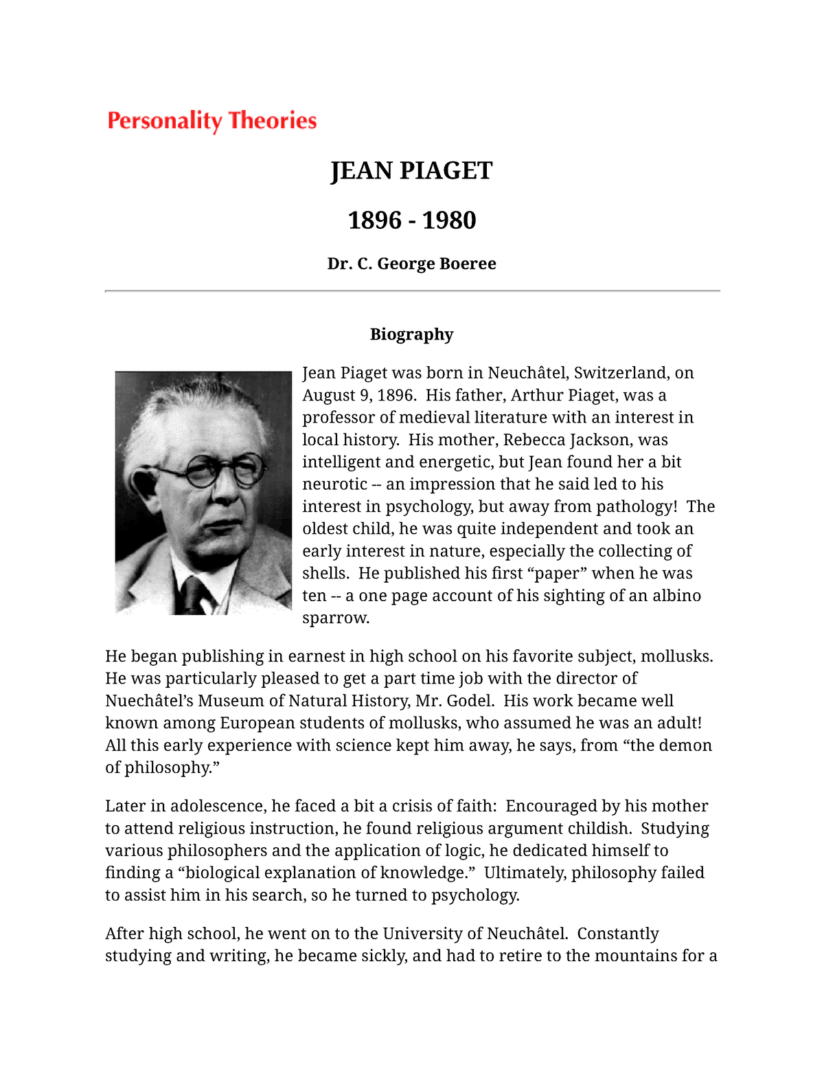 Piaget Fundamentos JEAN PIAGET 1896 1980 Dr. C. George