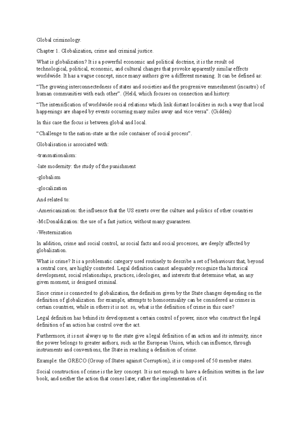 Global crimes Global criminology. Chapter 1. Globalization, crime and