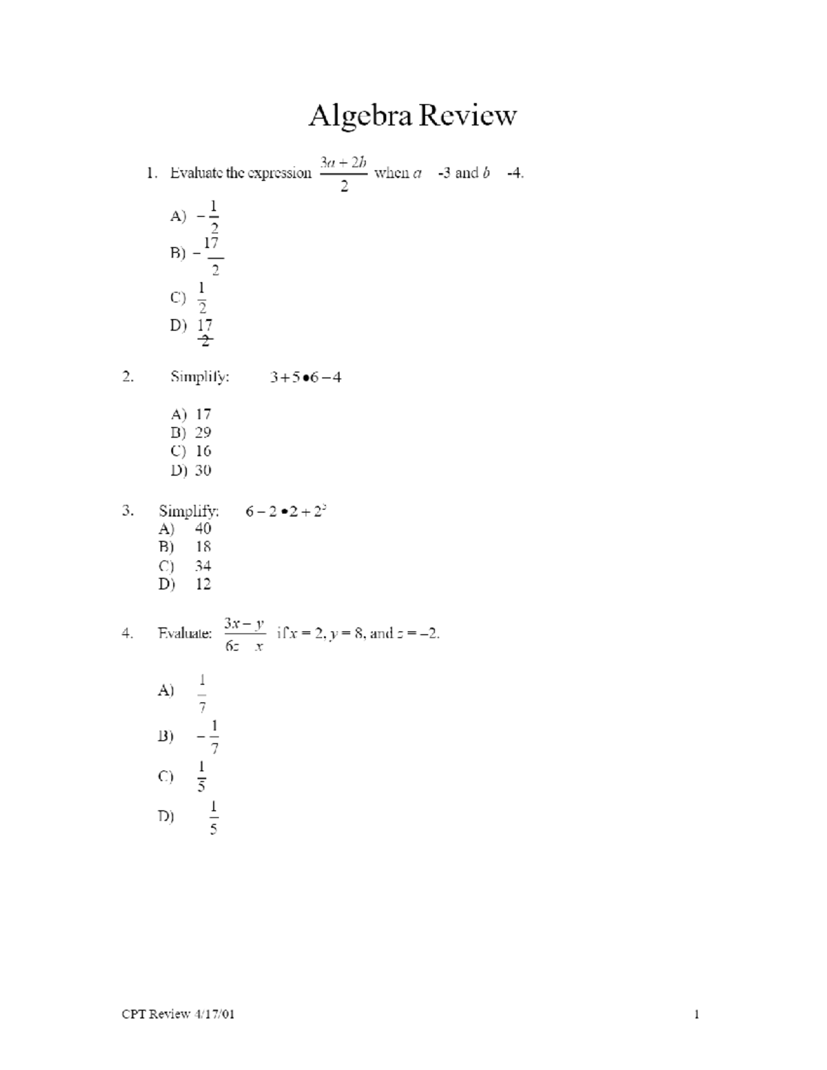 Algebra test - MATH-121-46479 - Studocu