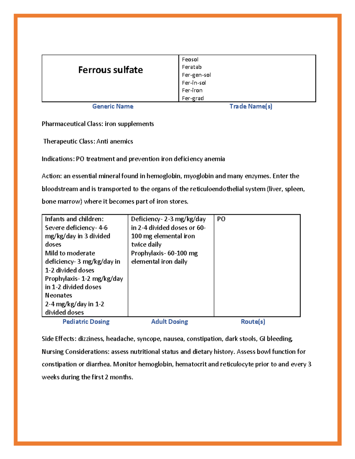 Week 7 OB Medication Cards Ferrous sulfate Feosol Feratab Fergensol