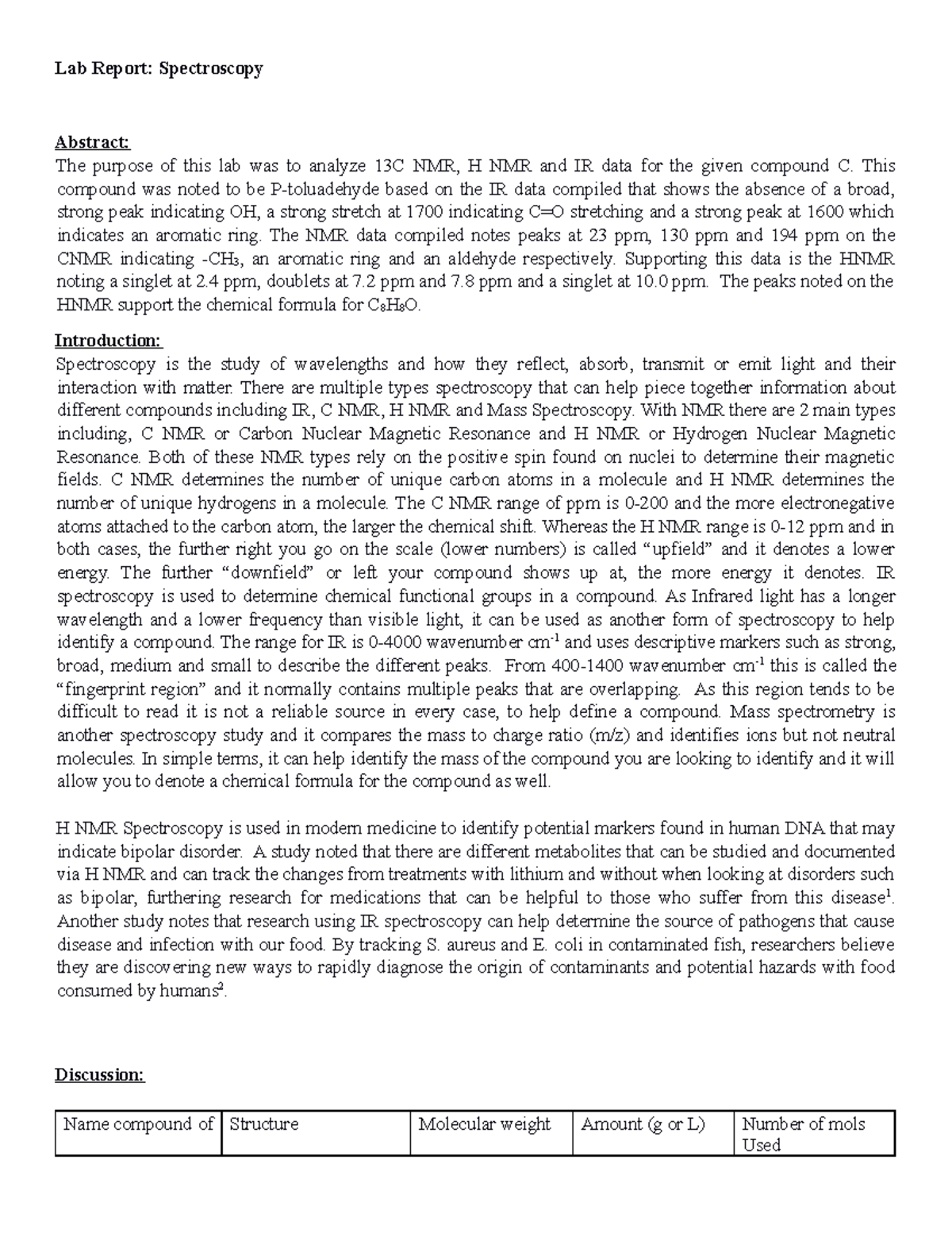 Lab report NMR upload NMR Spec Lab Lab Report Spectroscopy