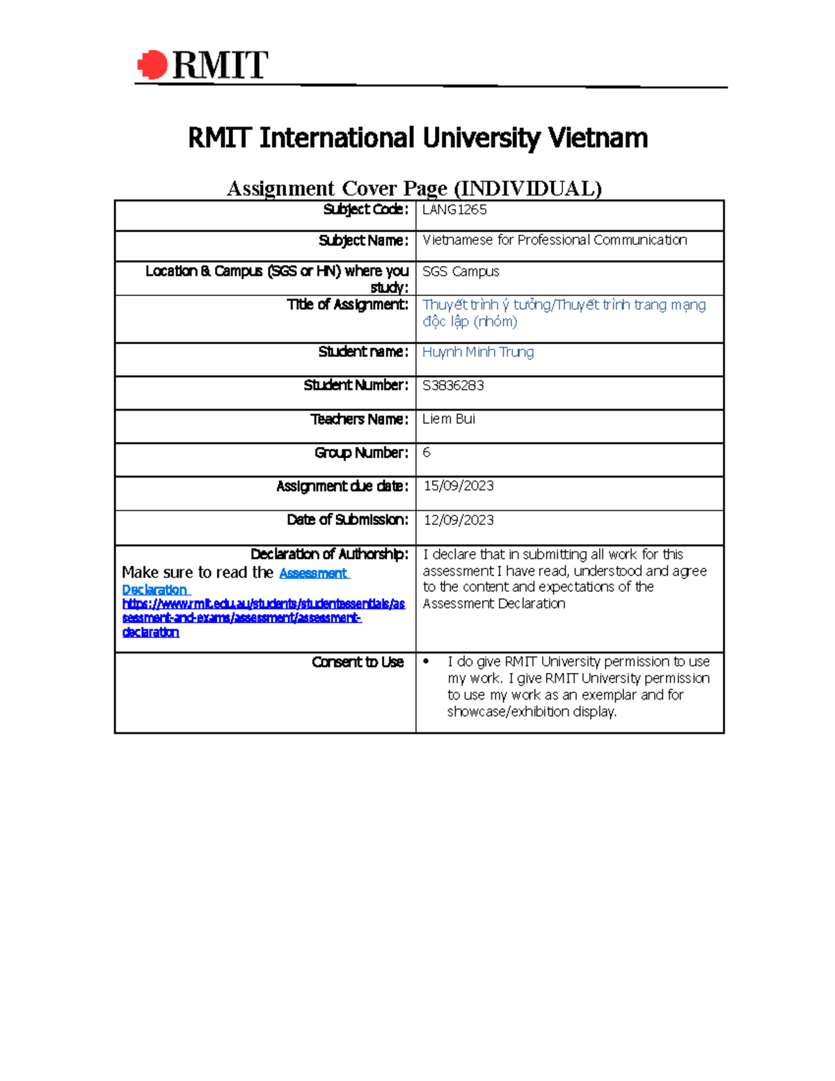 RMIT VN Cover Sheet Individual Work-2 - RMIT International University ...