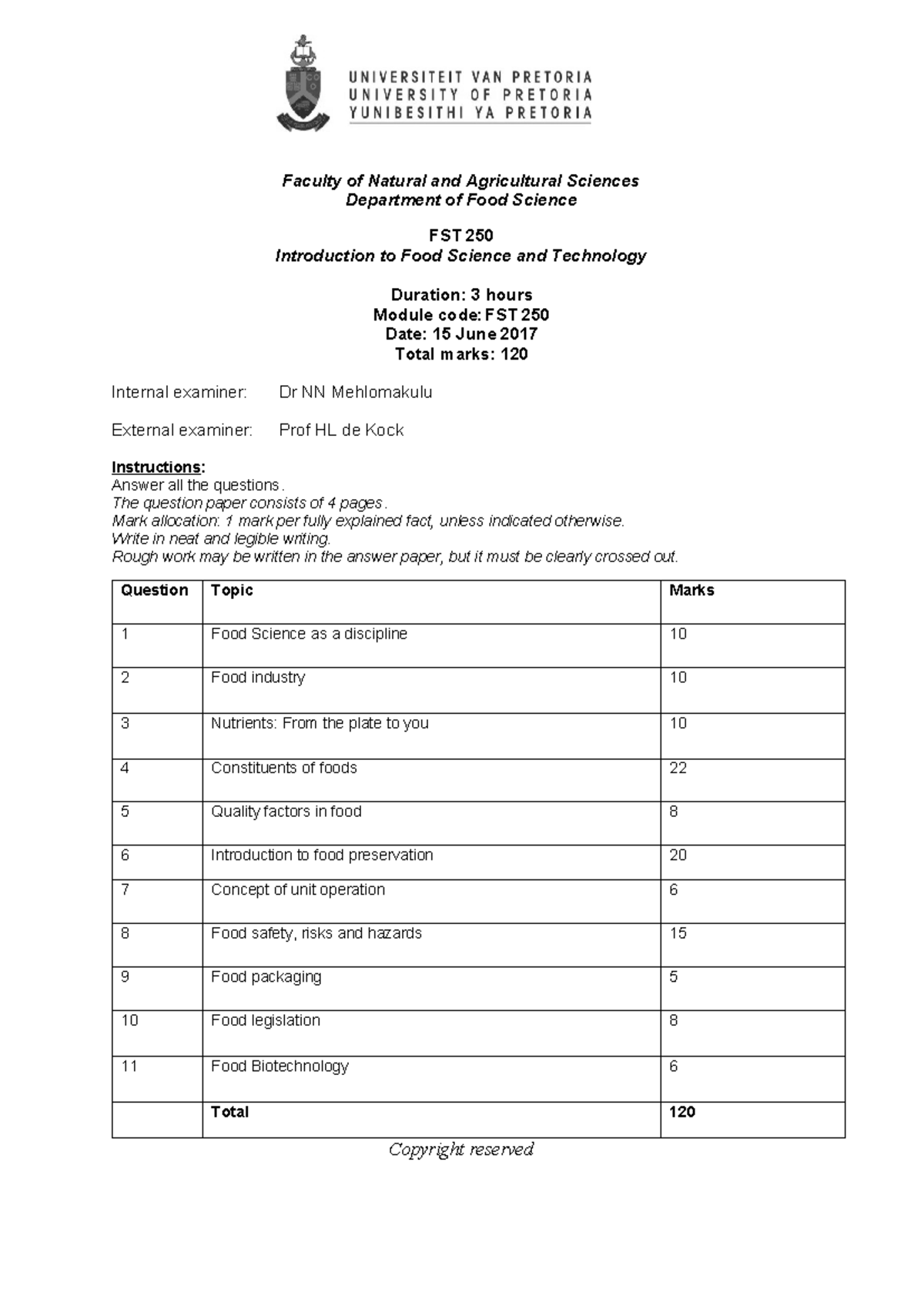 FST 250 2017 EXAM - FST 250 exam practice questions - Faculty of ...