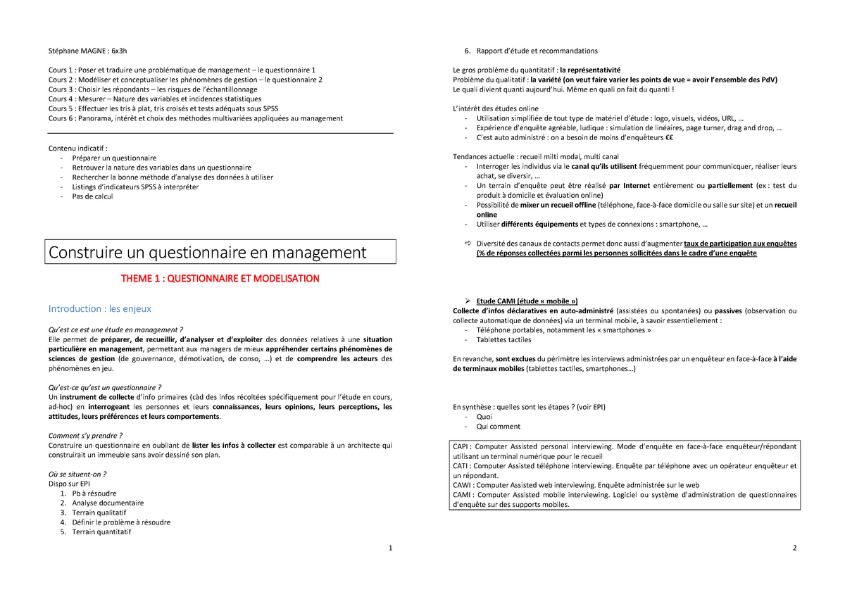 Comment Construire Un Questionnaire De Recherche En Management Stephane Magne 6x3h Cours 1 Studocu