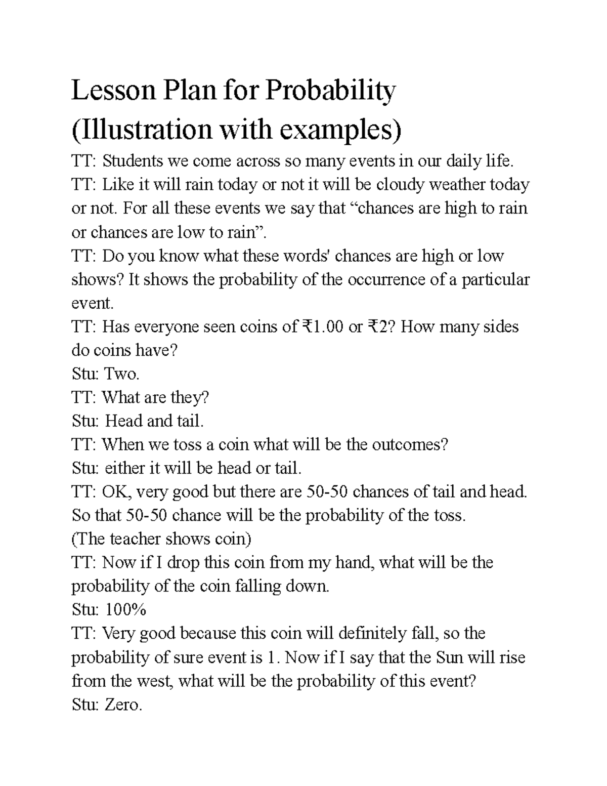 Lesson Plan for Probability (Illustration with examples) - Lesson Plan ...