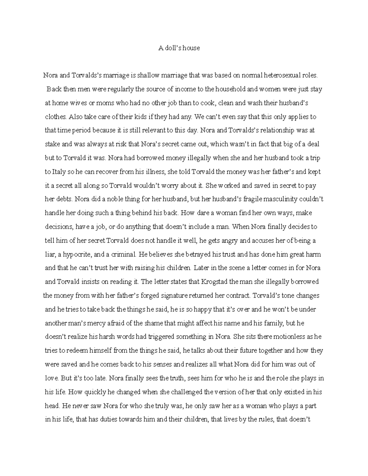 A doll's house summary A doll’s house Nora and Torvalds’s marriage