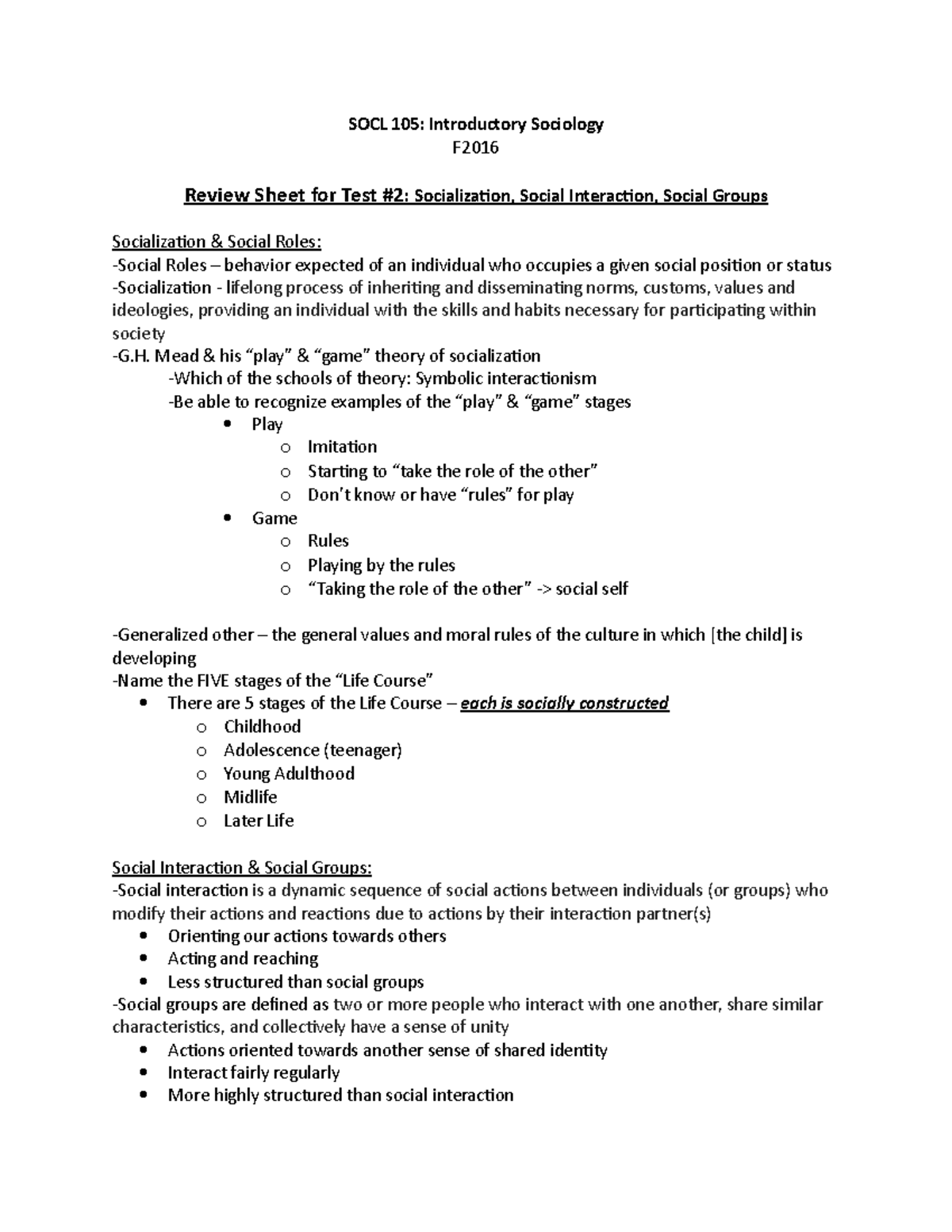 SOCL 105 test 2.1 review - SOCL 105: Introductory Sociology F Review ...