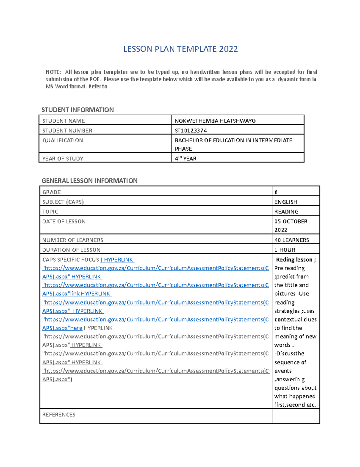 Micro Teaching Lesson PLAN - LESSON PLAN TEMPLATE 2022 NOTE: All lesson ...