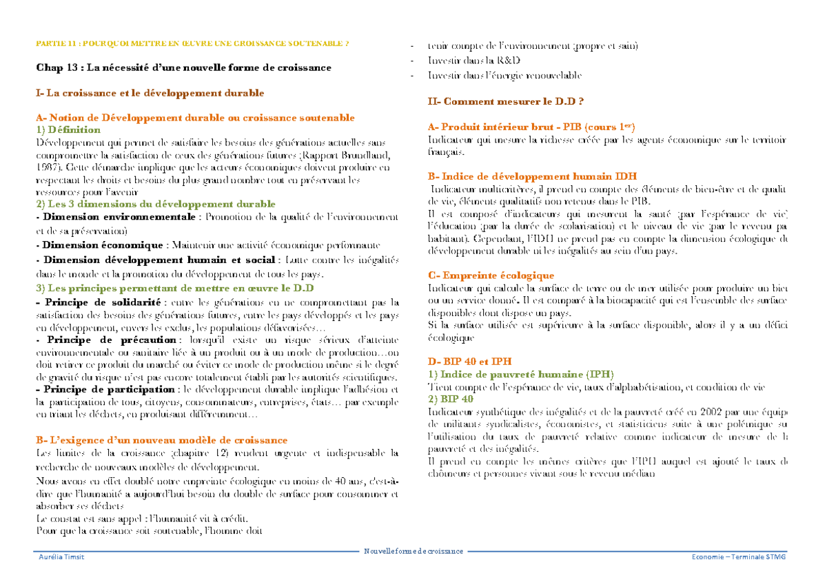 13 Croissance soutenable - Nouvelle forme de croissance Aurélia Timsit
