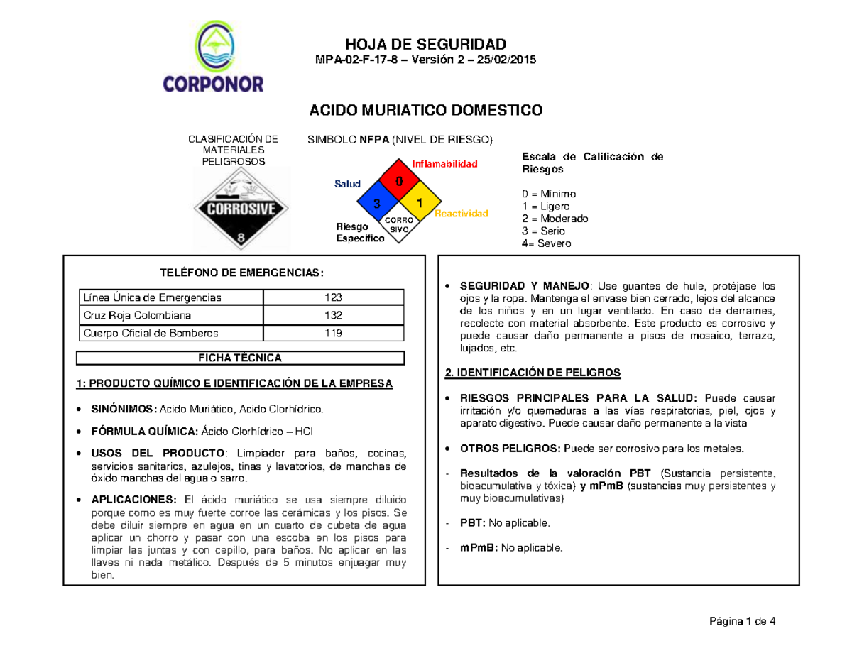 HS Acido Muriatico 2015hoja de seguridad Técnicas de la Comunicación
