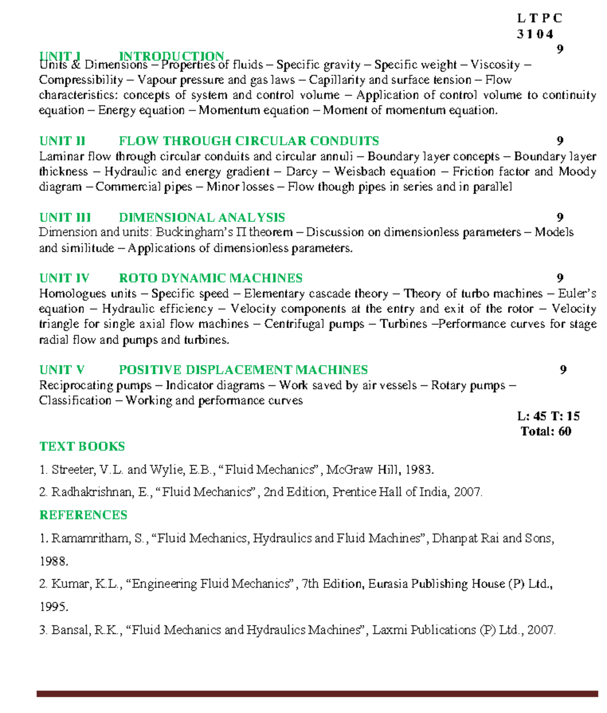 Fluid mechanics L T P C 3 1 0 4 UNIT I Units & Dimensions