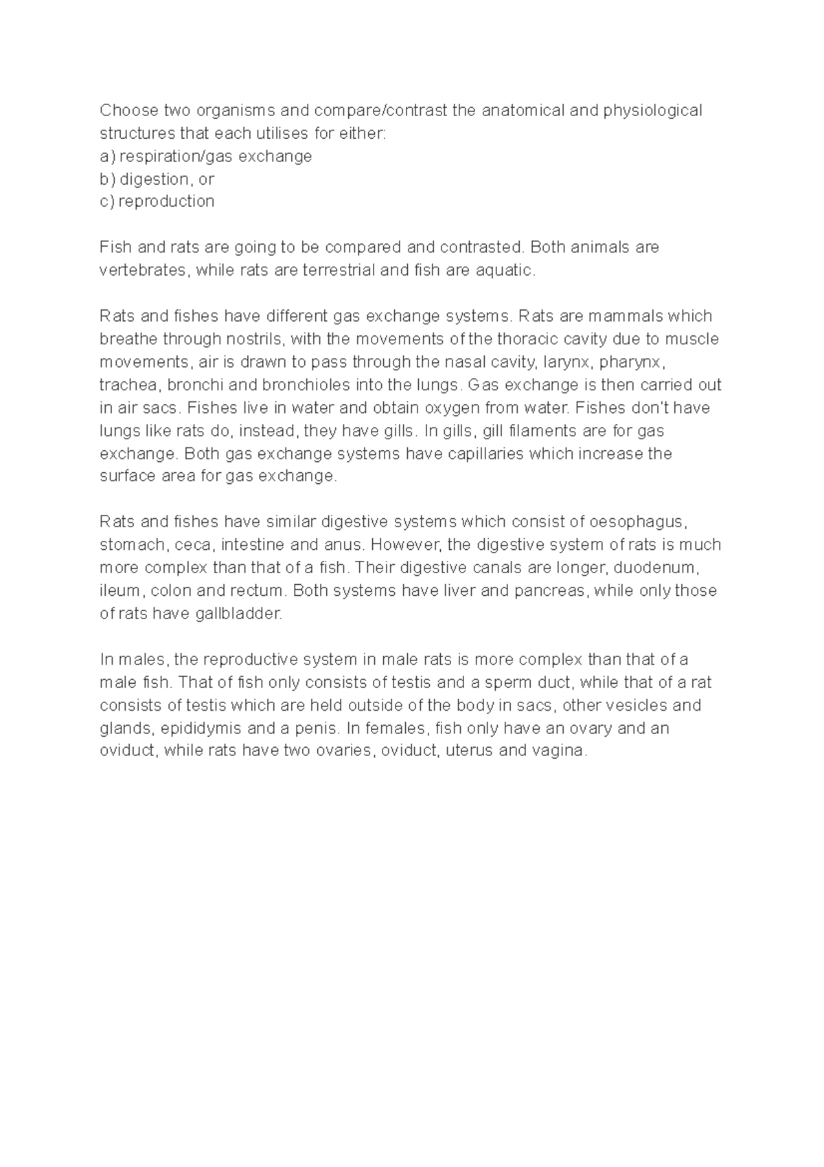 Week 10 Post lab - post lab - Choose two organisms and compare/contrast ...