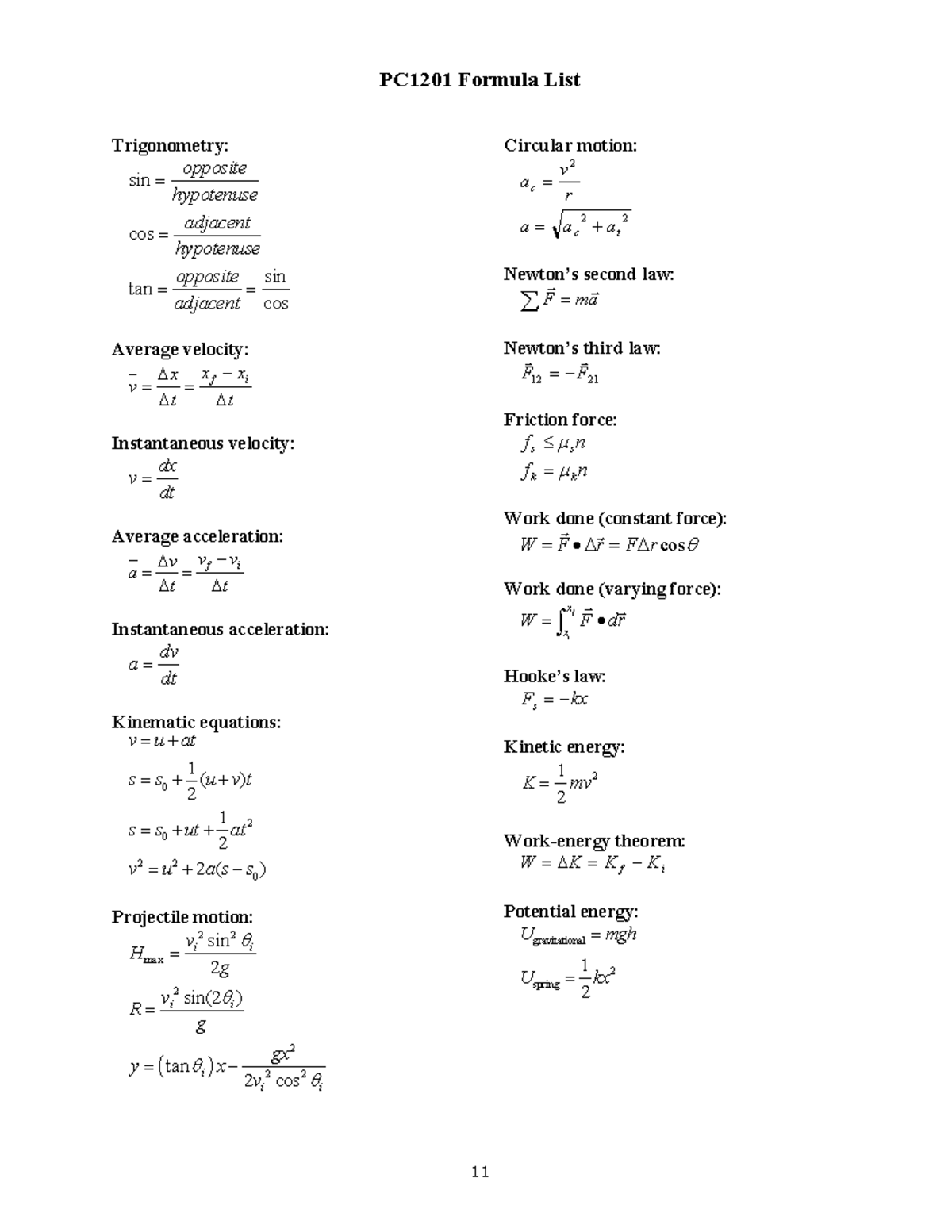 PC1201 Formula Sheet - PC1201 Formula List Trigonometry: cos tan sin ...