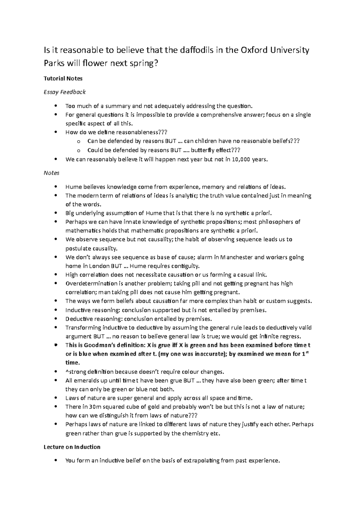 Induction reading Summary of work Is it reasonable to believe that the daffodils in the