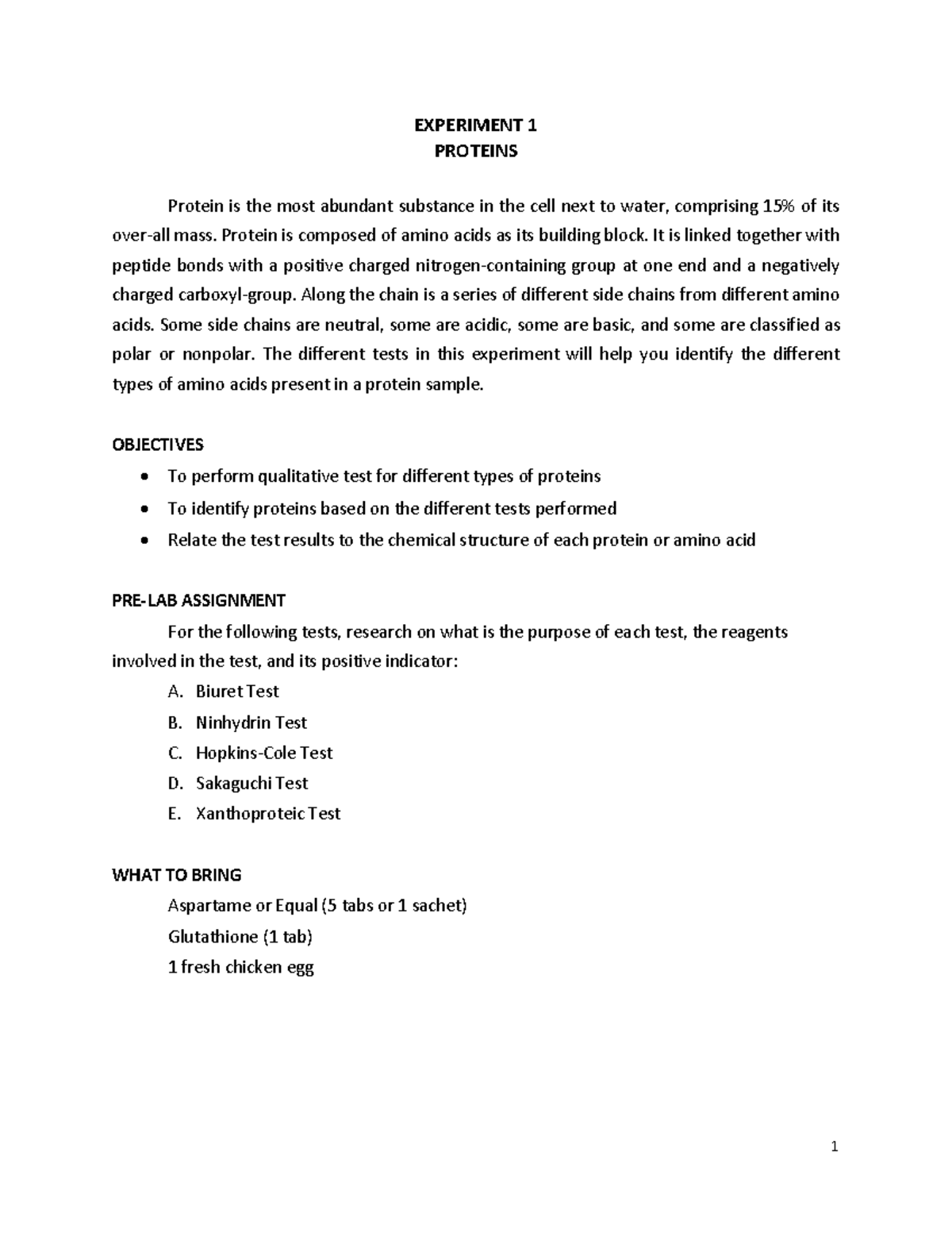 BiochemLabManual lab manual EXPERIMENT 1 PROTEINS Protein is the