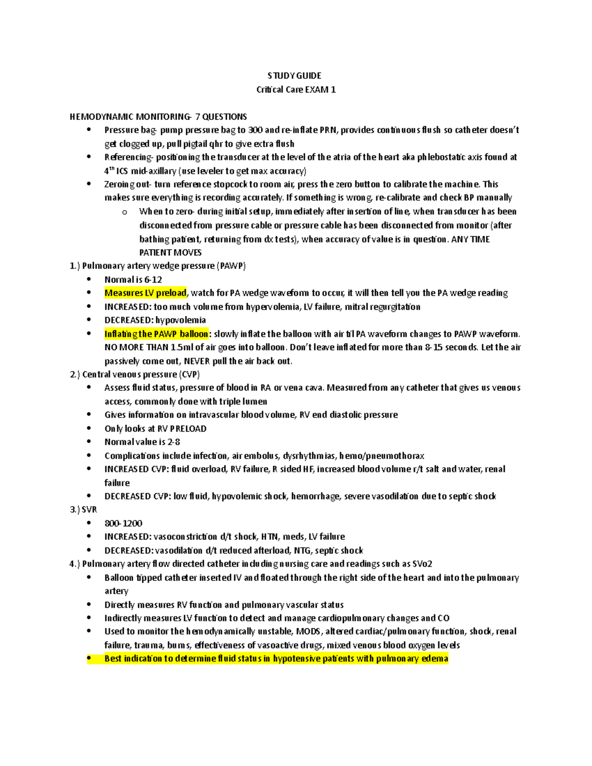 Study Guide Exam 3 - STUDY GUIDE Critical Care EXAM 1 HEMODYNAMIC ...