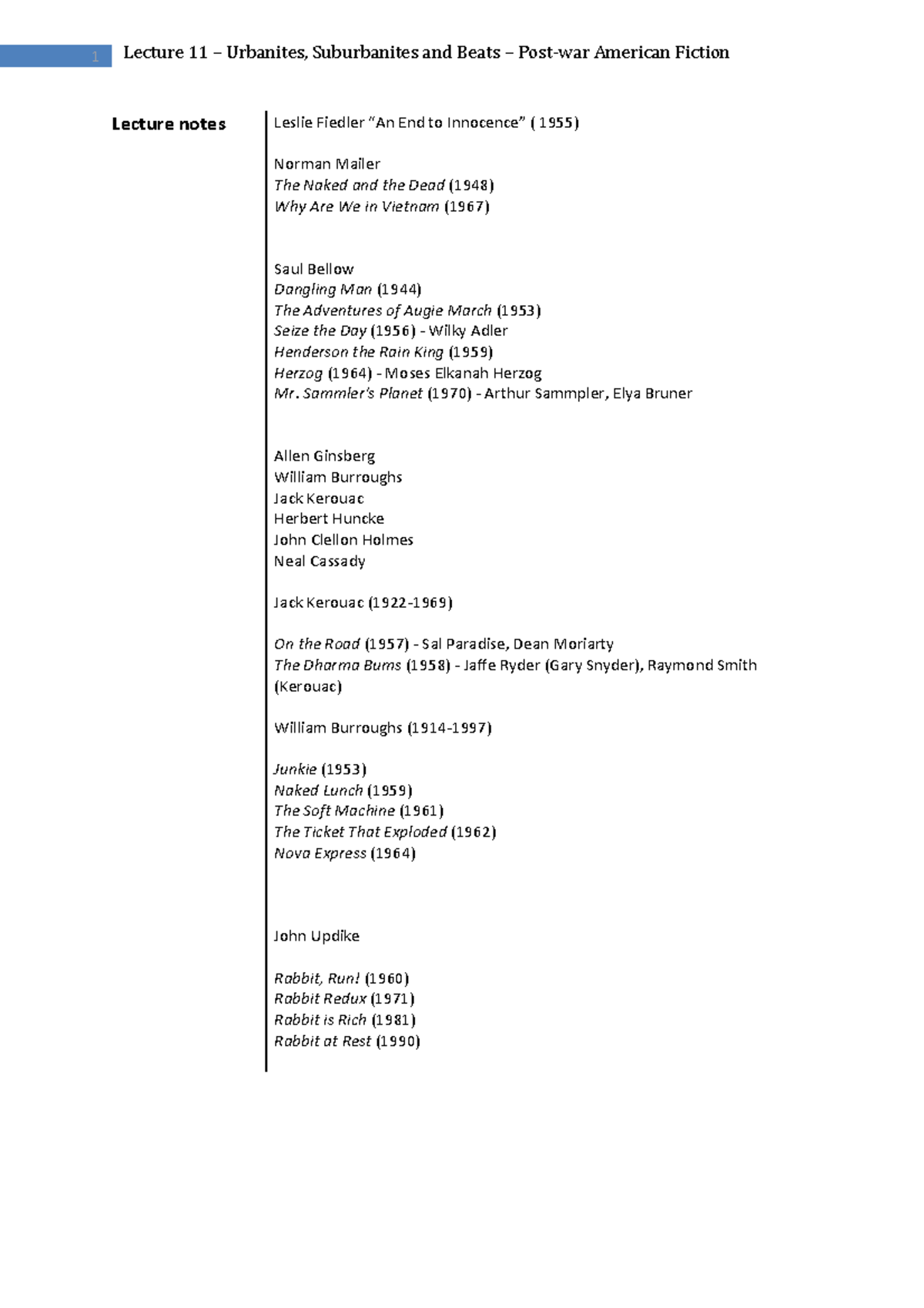 Lecture notes 11 - 1 Lecture 11 Urbanites, Suburbanites and Beats ...