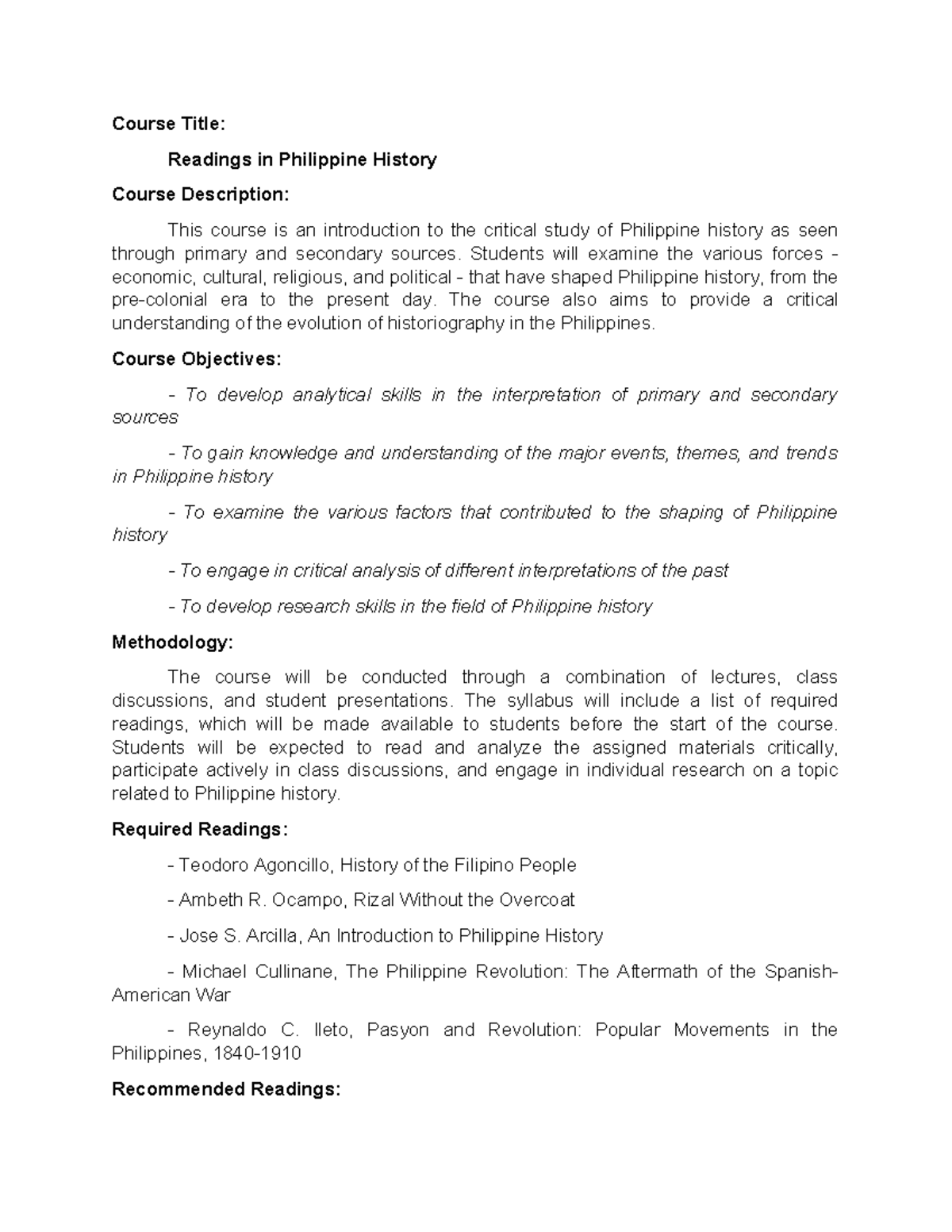 Course-Syllabus - Course Title: Readings in Philippine History Course ...