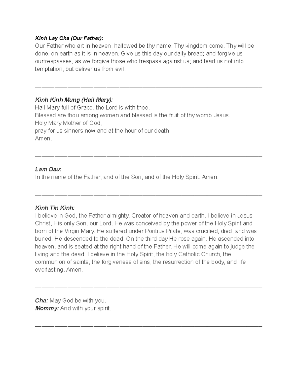 Mommy's prayer sheet thing - Kinh Lay Cha (Our Father): Our Father who ...