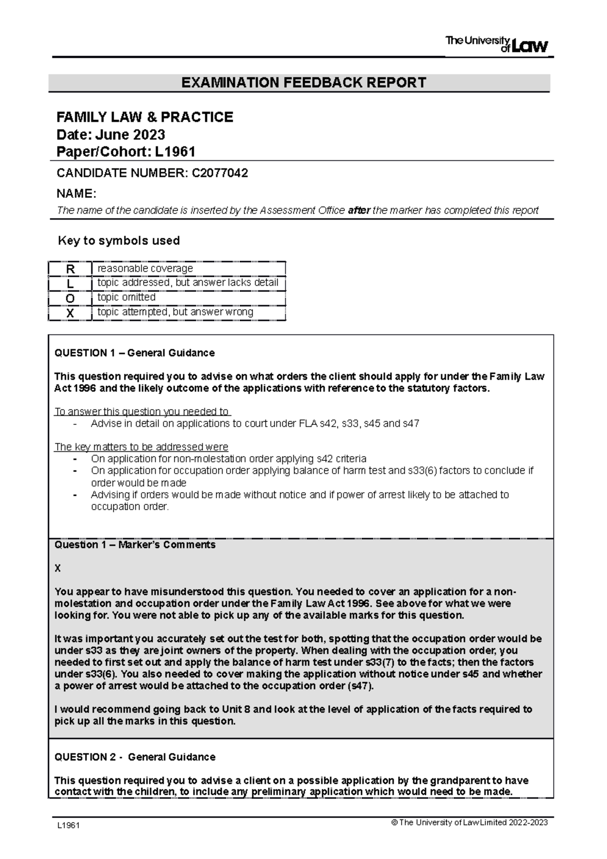 C2077042 FAM JUN23 FB - Paper - EXAMINATION FEEDBACK REPORT FAMILY LAW ...