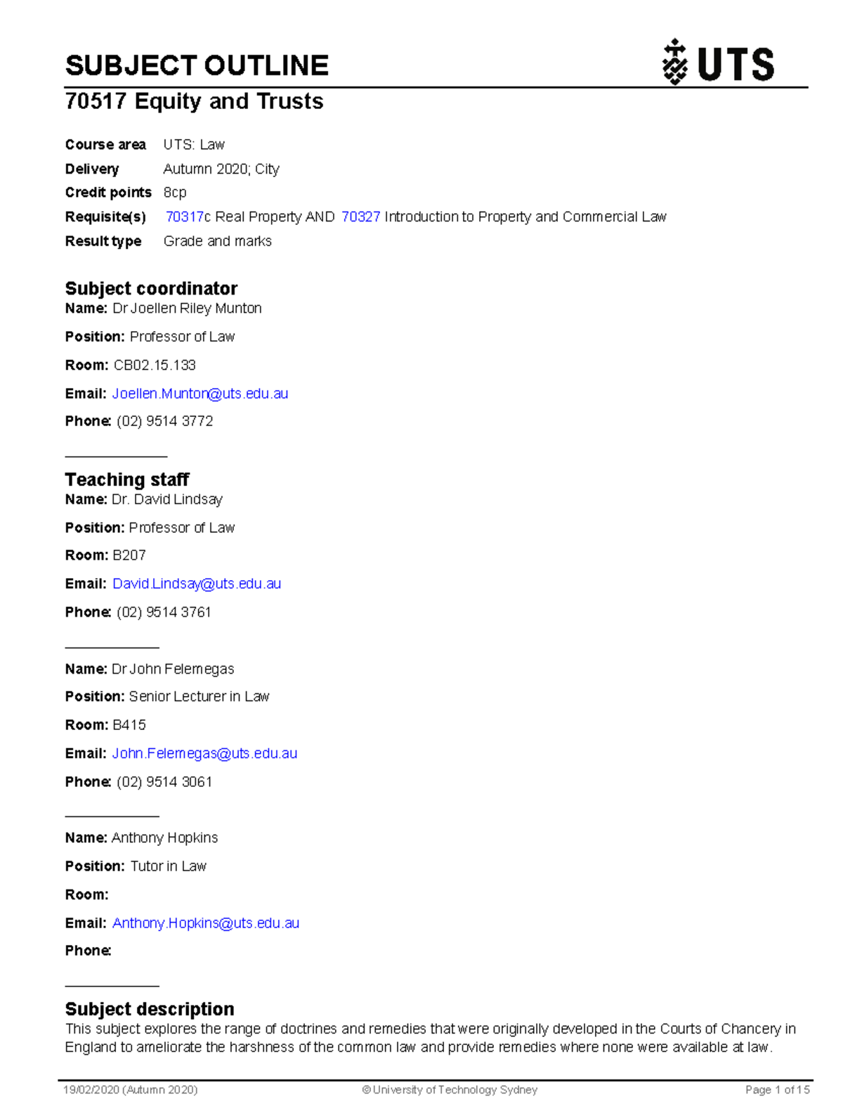 Subject Outline - SUBJECT OUTLINE 70517 Equity and Trusts Subject ...