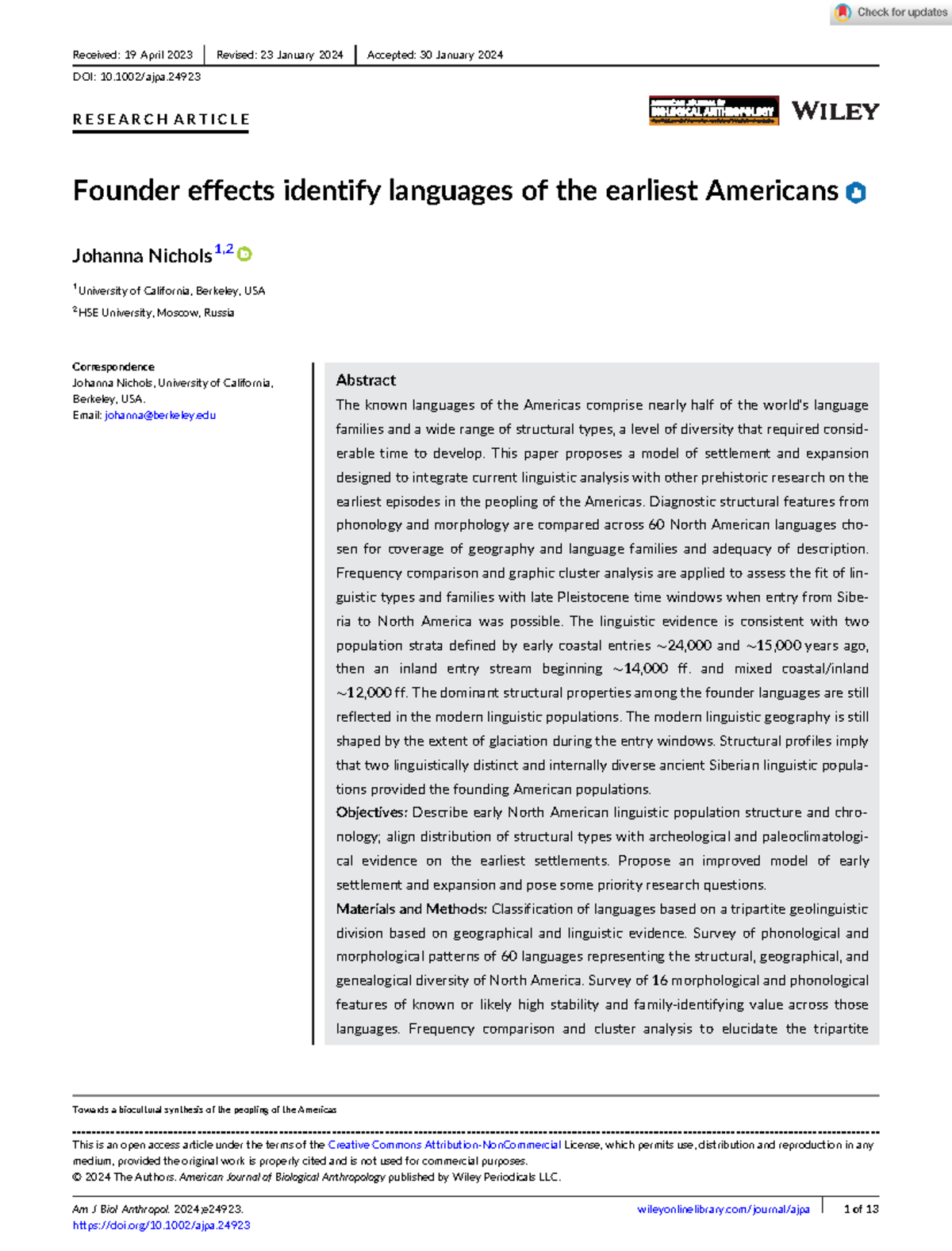 American Journal of Biological Anthropology 2024 Nichols Founder