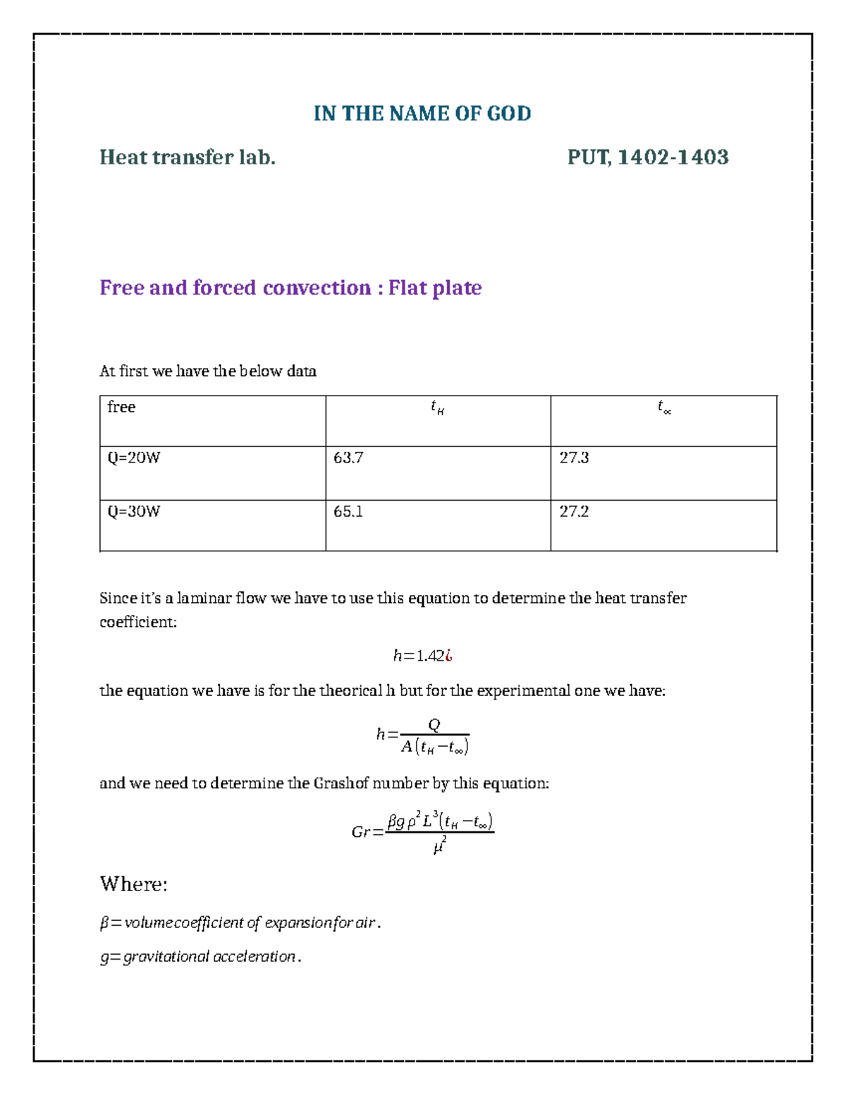 Free&forced convection IN THE NAME OF GOD Heat transfer lab. PUT, 1402 Free and forced