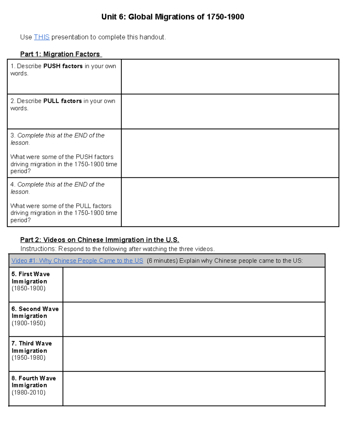 Unit 6 - Global Migrations activity - Unit 6: Global Migrations of 1750 ...