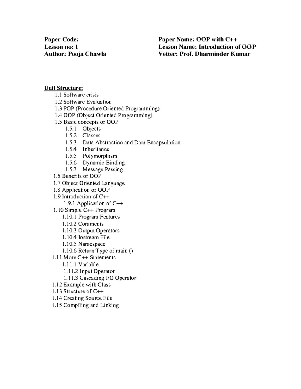 OBJECT ORIENTED PROGRAMMING NOTES - Paper Code: Paper Name: OOP with ...