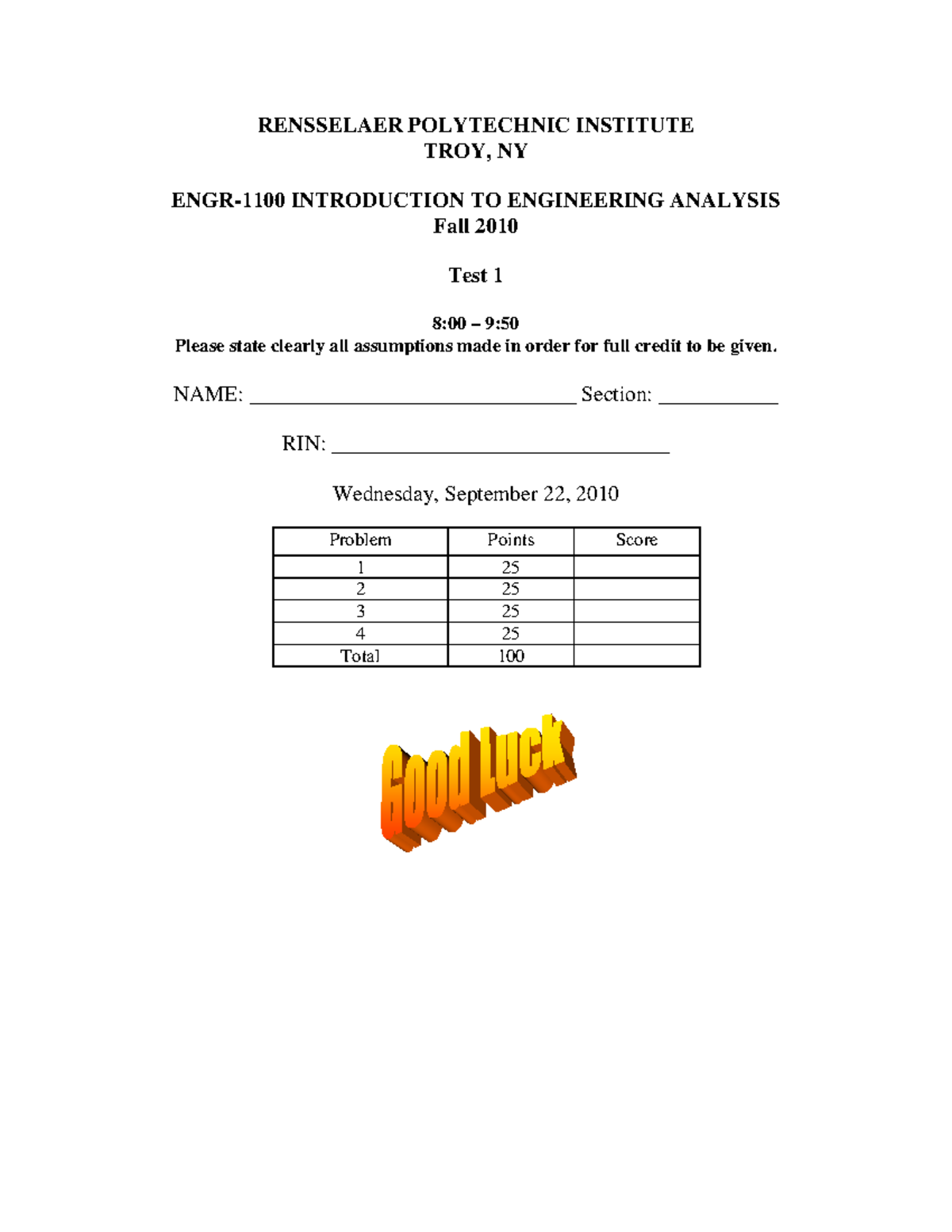 IEAExam 1 F 10 - back exams - RENSSELAER POLYTECHNIC INSTITUTE TROY, NY ...