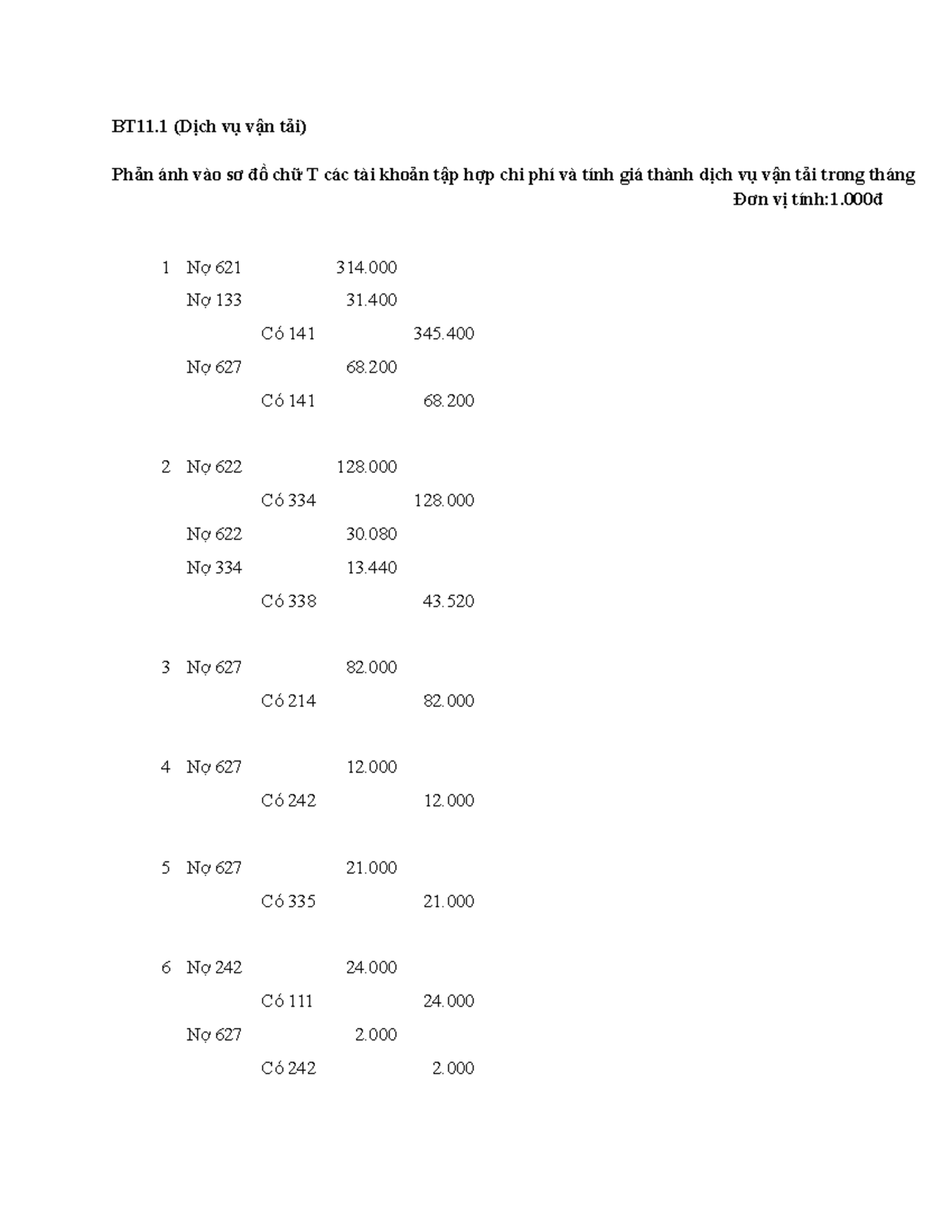 Chương 11 BT11.1 TH11.1 BT11 (Dịch vụ vận tải) Phản ánh vào sơ đồ