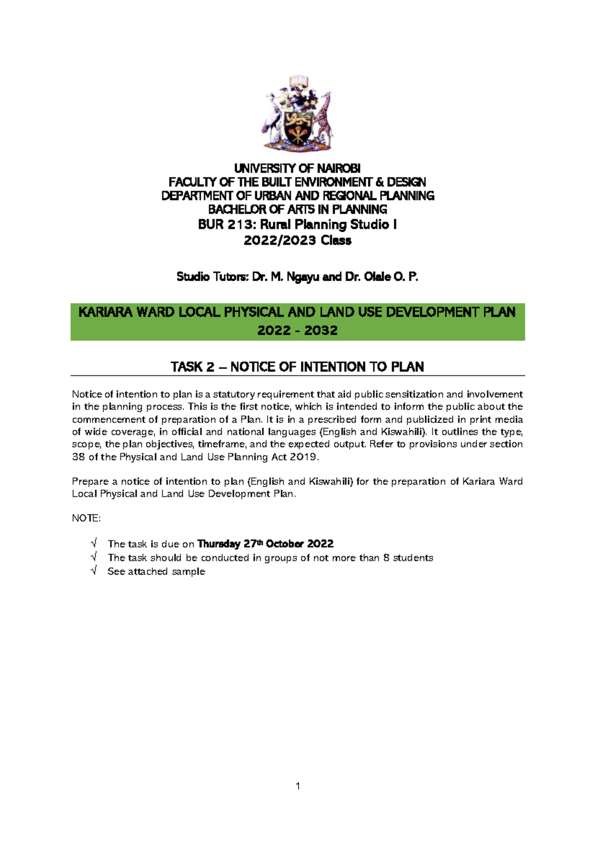 Task 2 Notice of Intention to Plan Copy 1 UNIVERSITY OF NAIROBI