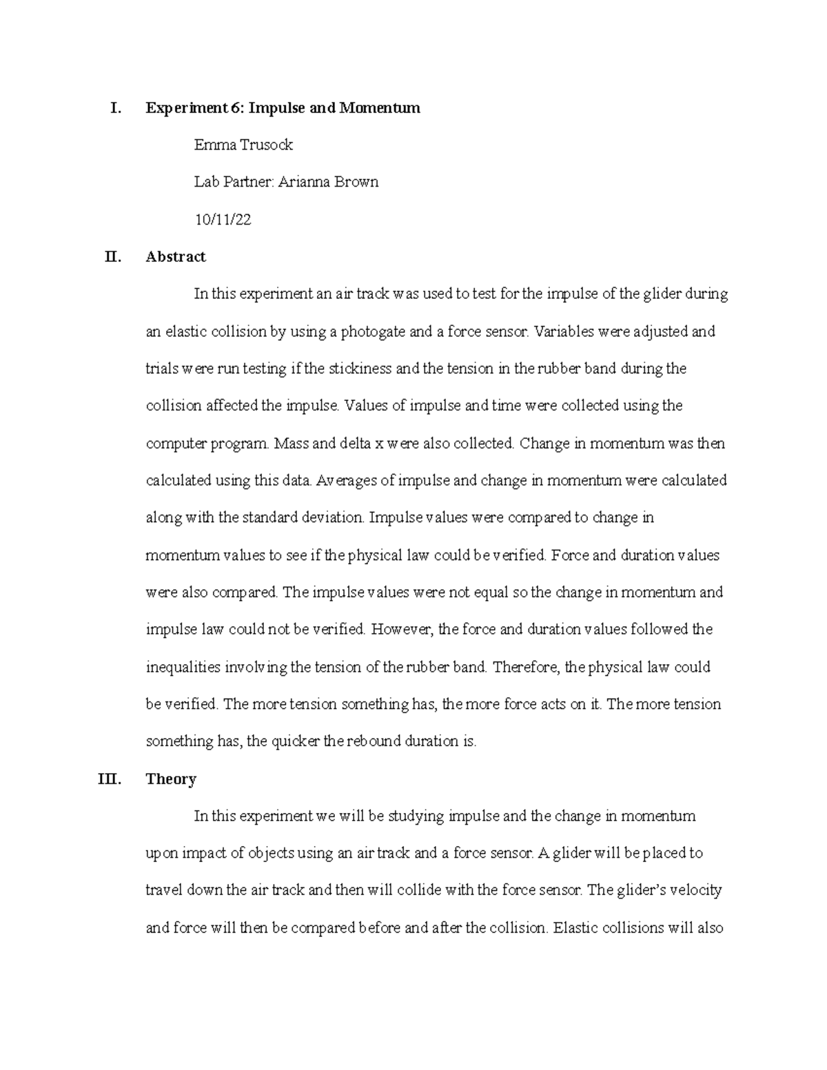 Experiment 6 Lab Report - I. Experiment 6: Impulse and Momentum Emma ...