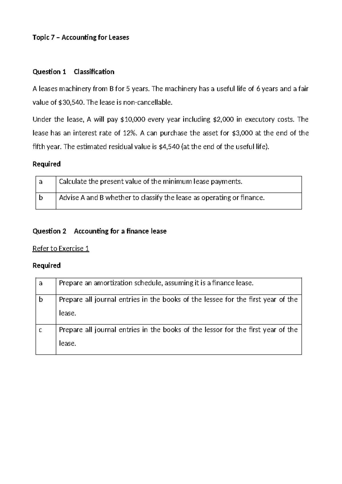 Week 7 Leases and Liabilities Lecture Exercises Topic 7