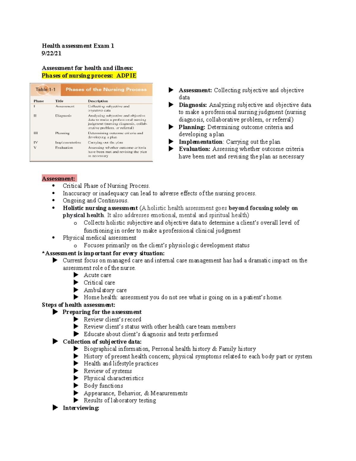 1 - Lecture Notes - Health Assessment Exam 1 9/22/ Assessment For ...