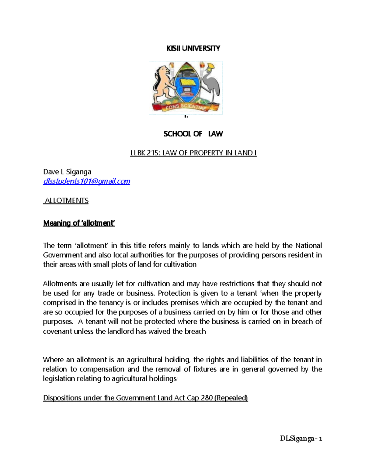 Allotment3 in property law kenya Law Studocu