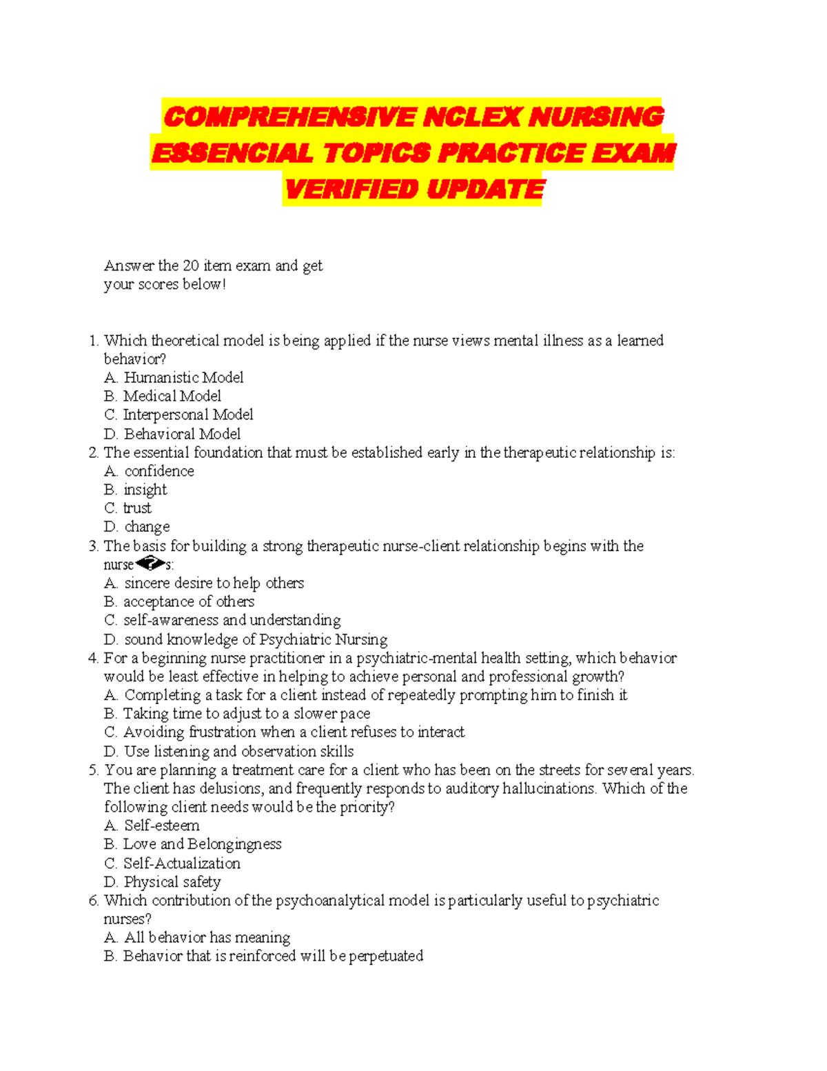 Comprehensive Nclex Nursing Essencial Topics Practice Exam Verified 