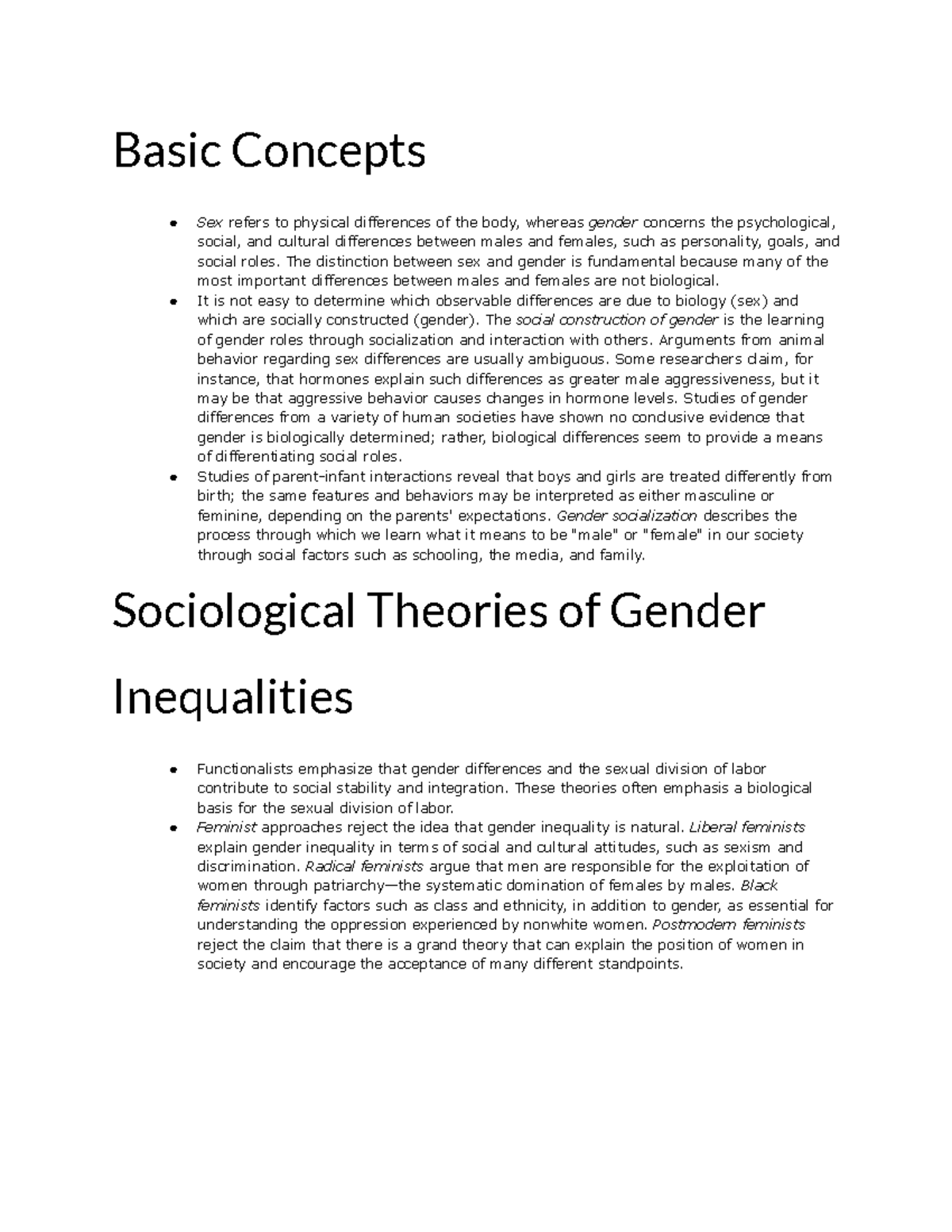 Sociology 101 Ch 10 Outline Basic Concepts Sex Refers To Physical Differences Of The Body