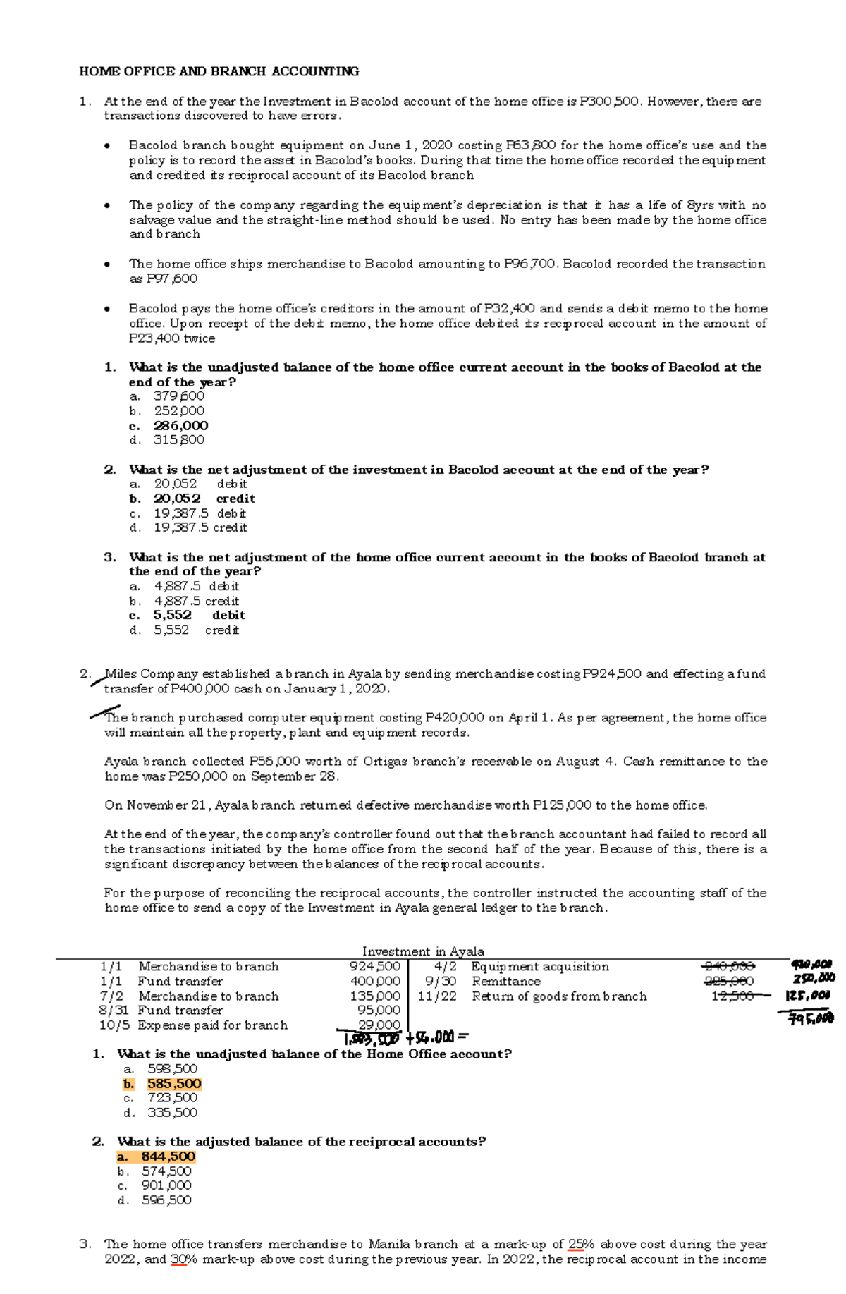 HOBA - PP - practice problems - HOME OFFICE AND BRANCH ACCOUNTING At ...