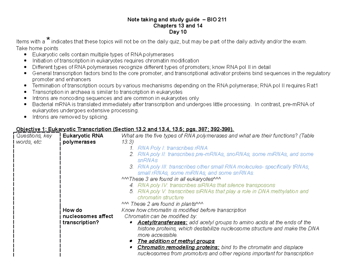 BIO 211- Day 10 Eukaryotic Transcription - Note Taking And Study Guide ...