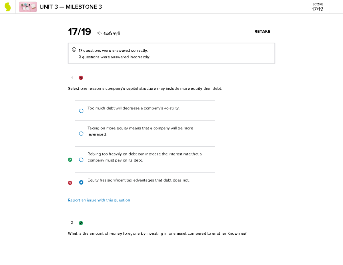 Sophia Principles Of Finance Milestone 3 - 1 2 17 / 19 That's 89% ...