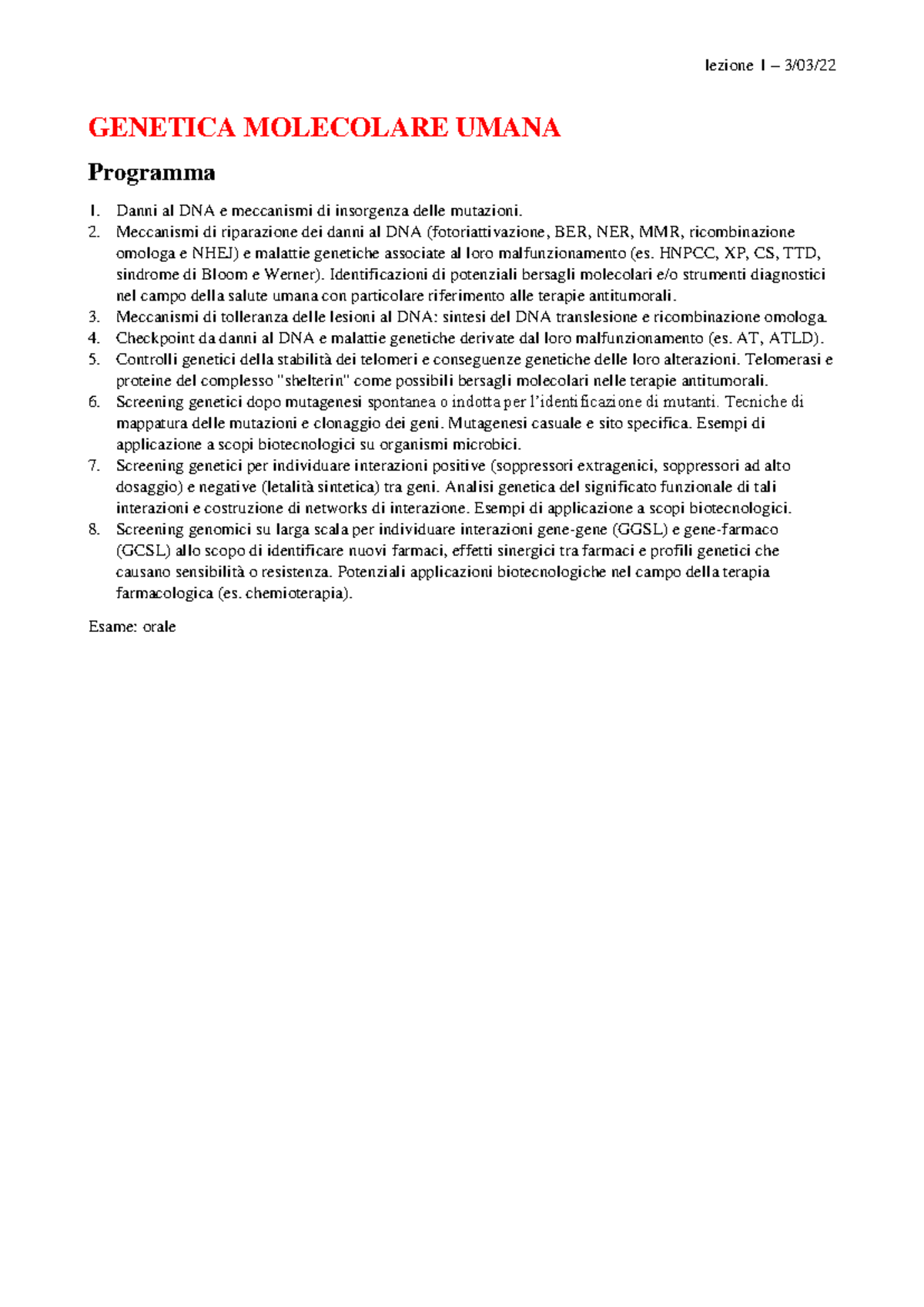 Molecolare lezione 1 3/03/ MOLECOLARE UMANA