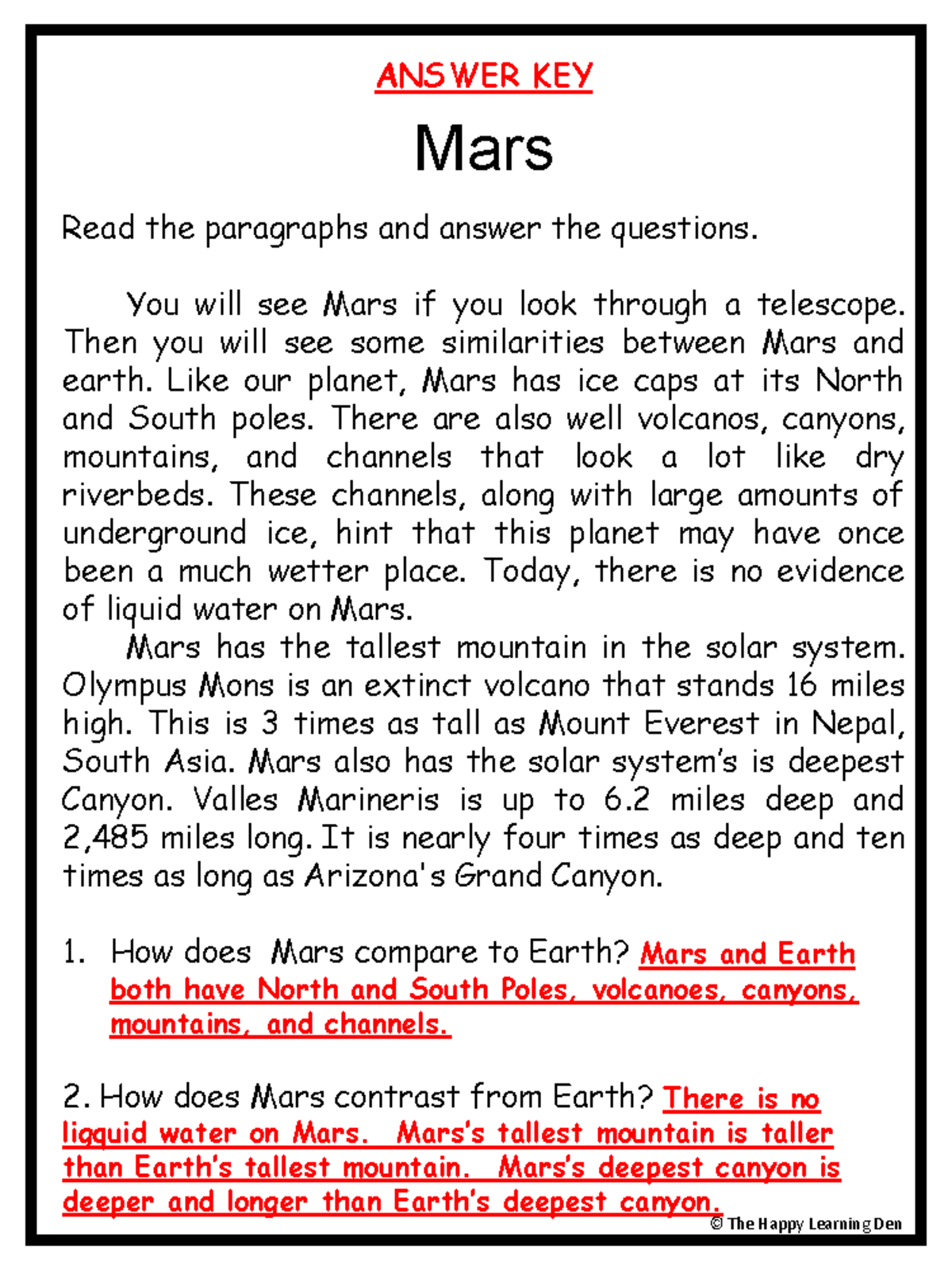 Mars Reading Comprension (6.E.1.2)Teacher Key © The Happy Learning