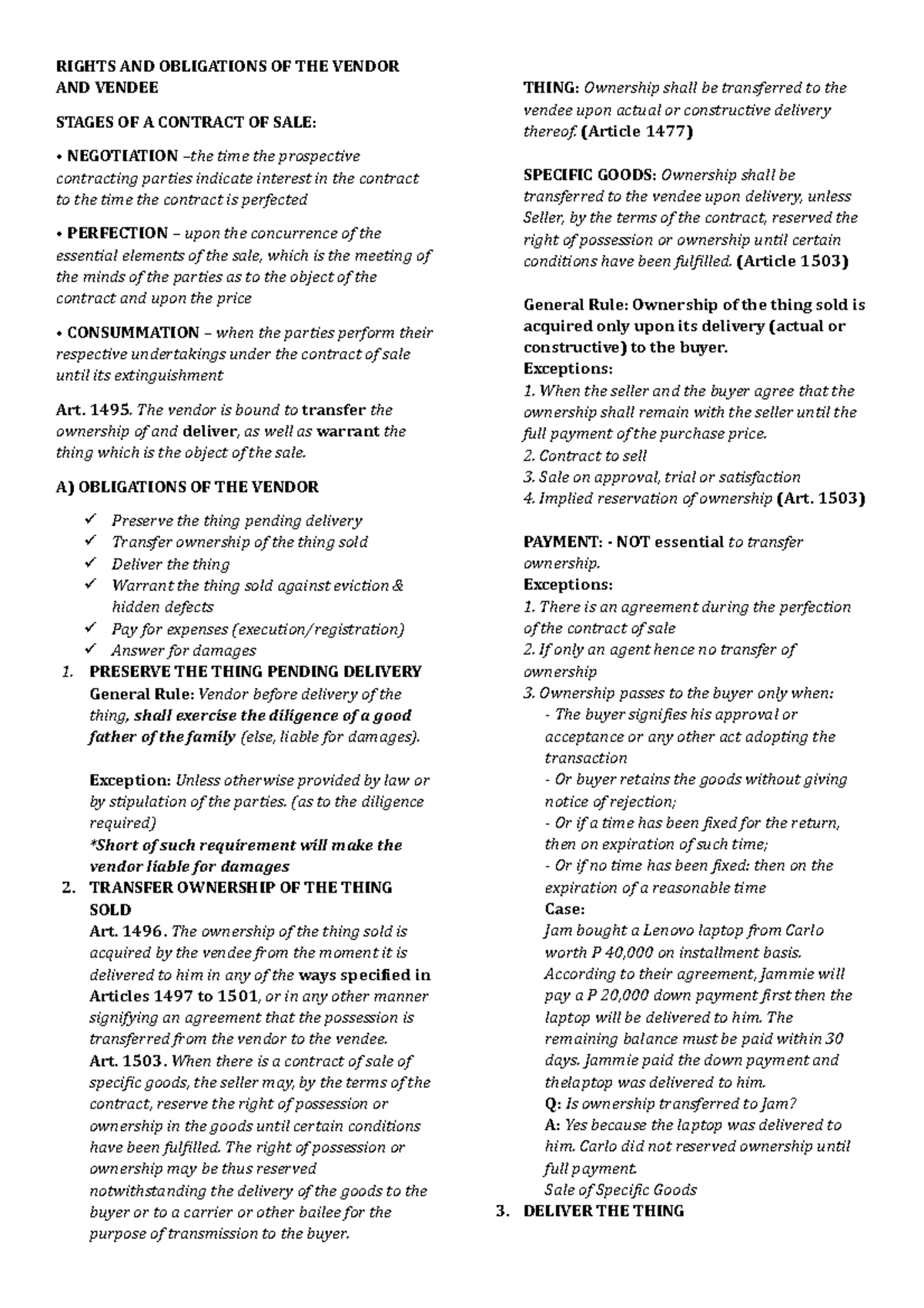 Regflib Midterms notes RIGHTS AND OBLIGATIONS OF THE VENDOR AND