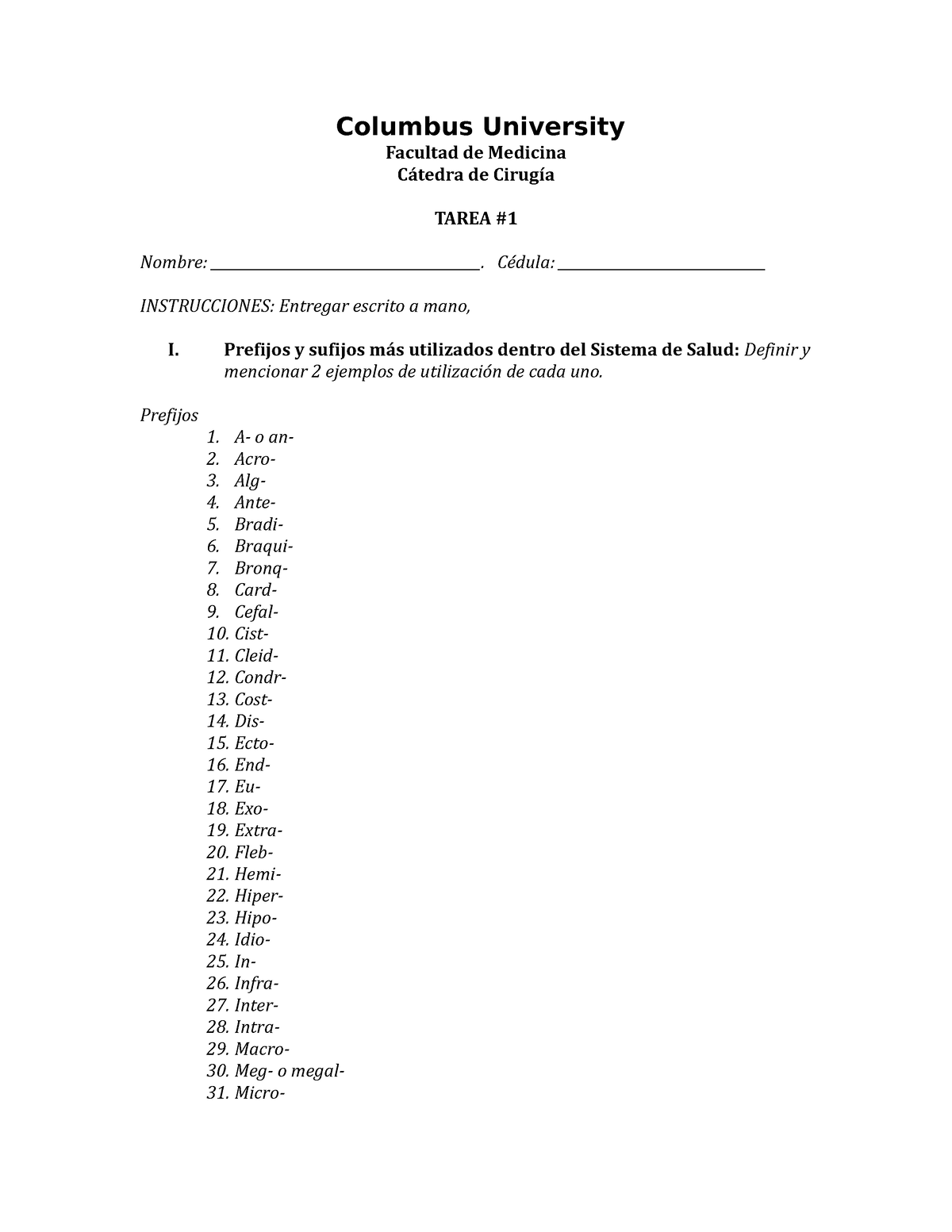 Tarea #1 - Prefijos Y Sufijos, SV - Columbus University Facultad De ...