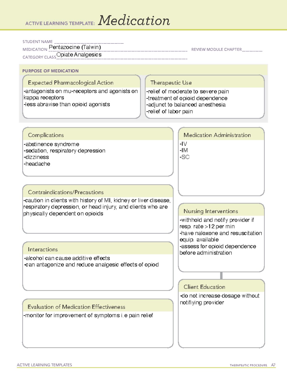 6 pentazocine - drug template - ACTIVE LEARNING TEMPLATES THERAPEUTIC ...