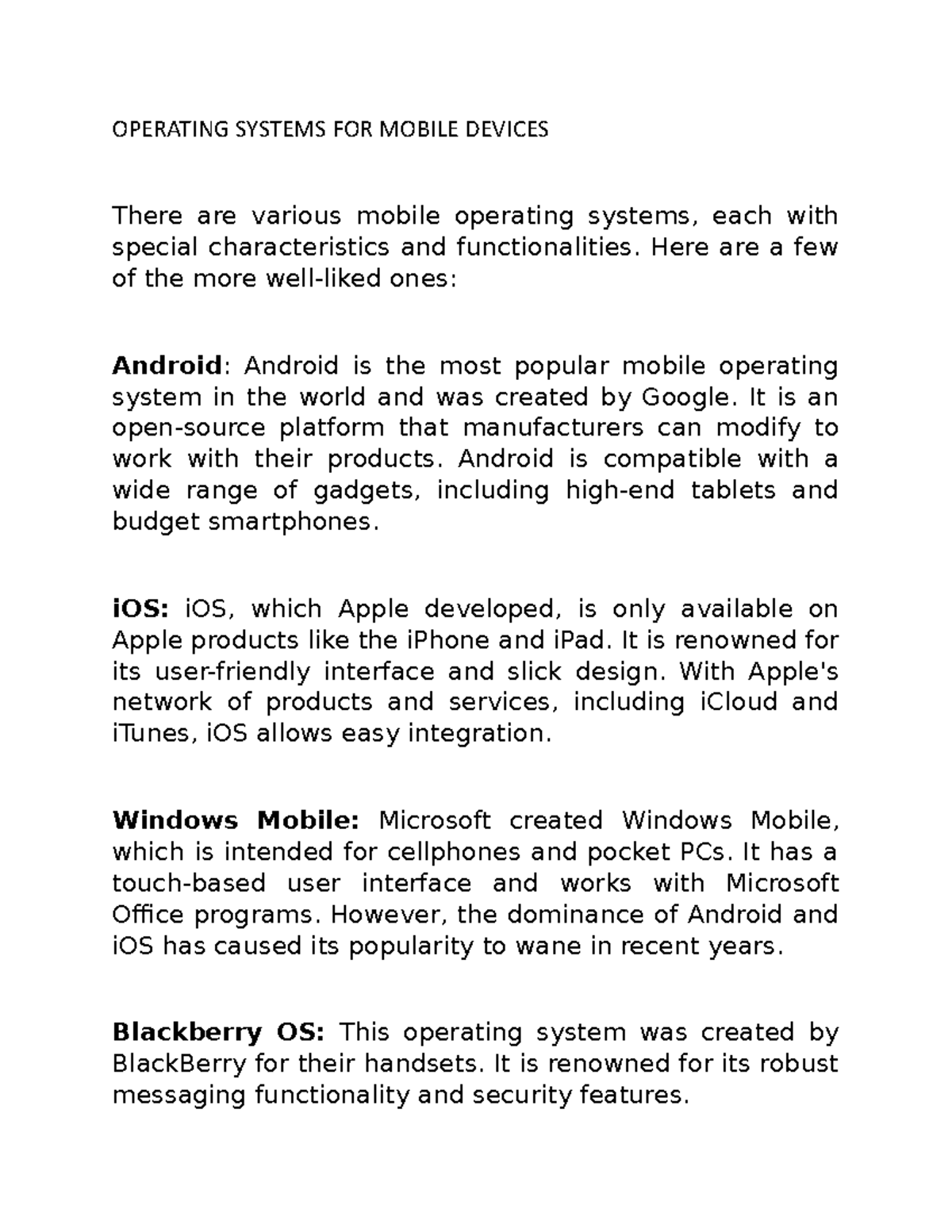Operating Systems FOR Mobile Devices OPERATING SYSTEMS FOR MOBILE